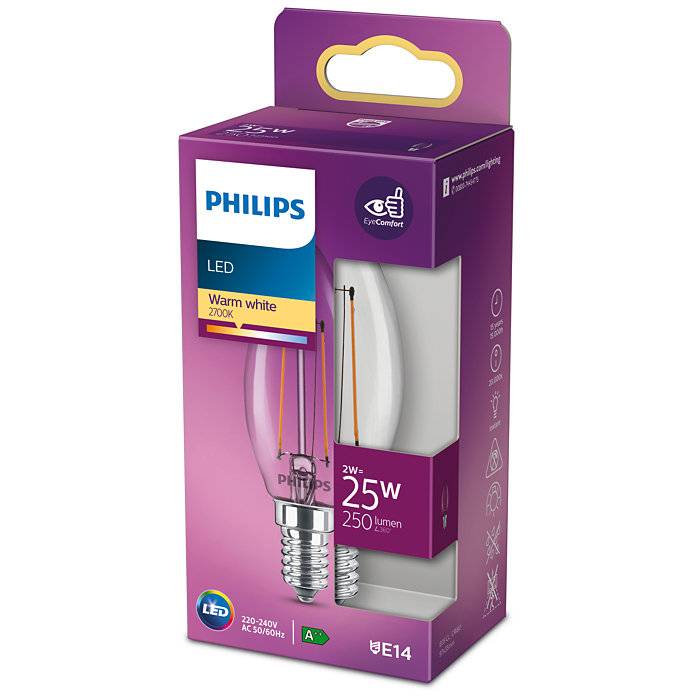 Philips LED Lampe ersetzt 25W, E14 Birne B35, klar, warmweiß, 250 Lumen, nicht dimmbar, 1er Pack