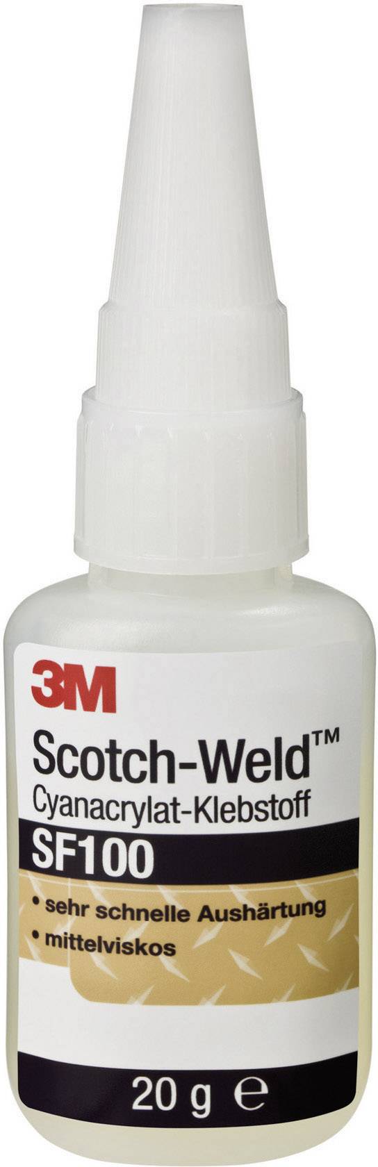 '3M Scotch-Weld Cyanacrylat-Klebstoff SF100', 20g Flasche. Beschriftet mit 'sehr schnelle Aushärtung' und 'mittelviskos'.