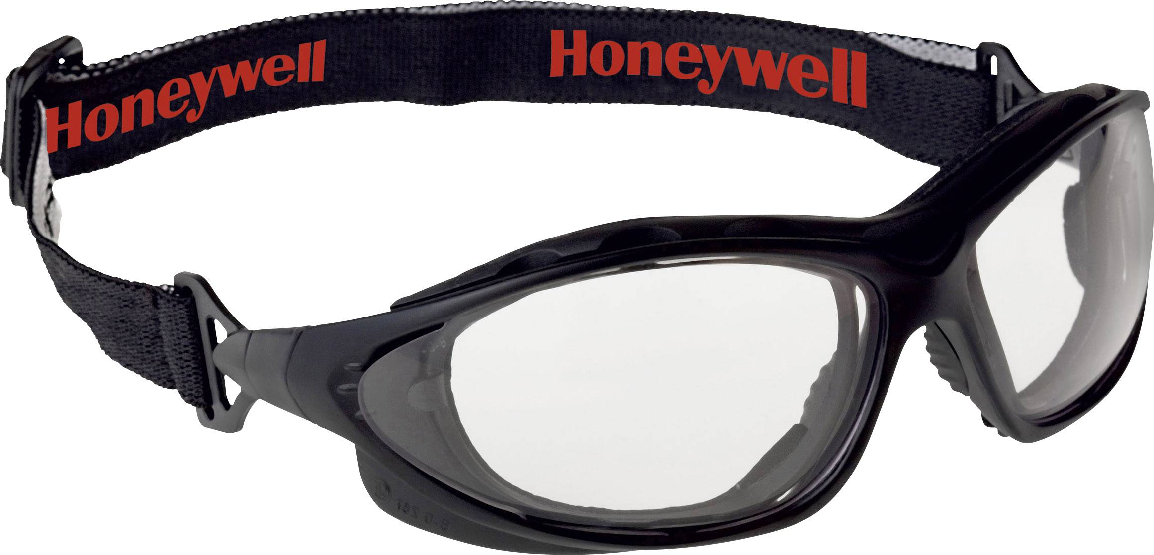 Schutzbrille mit schwarzem Rahmen und verstellbarem Band, auf dem 'Honeywell' in Rot steht. Sie bietet Augenschutz bei handwerklichen Arbeiten.