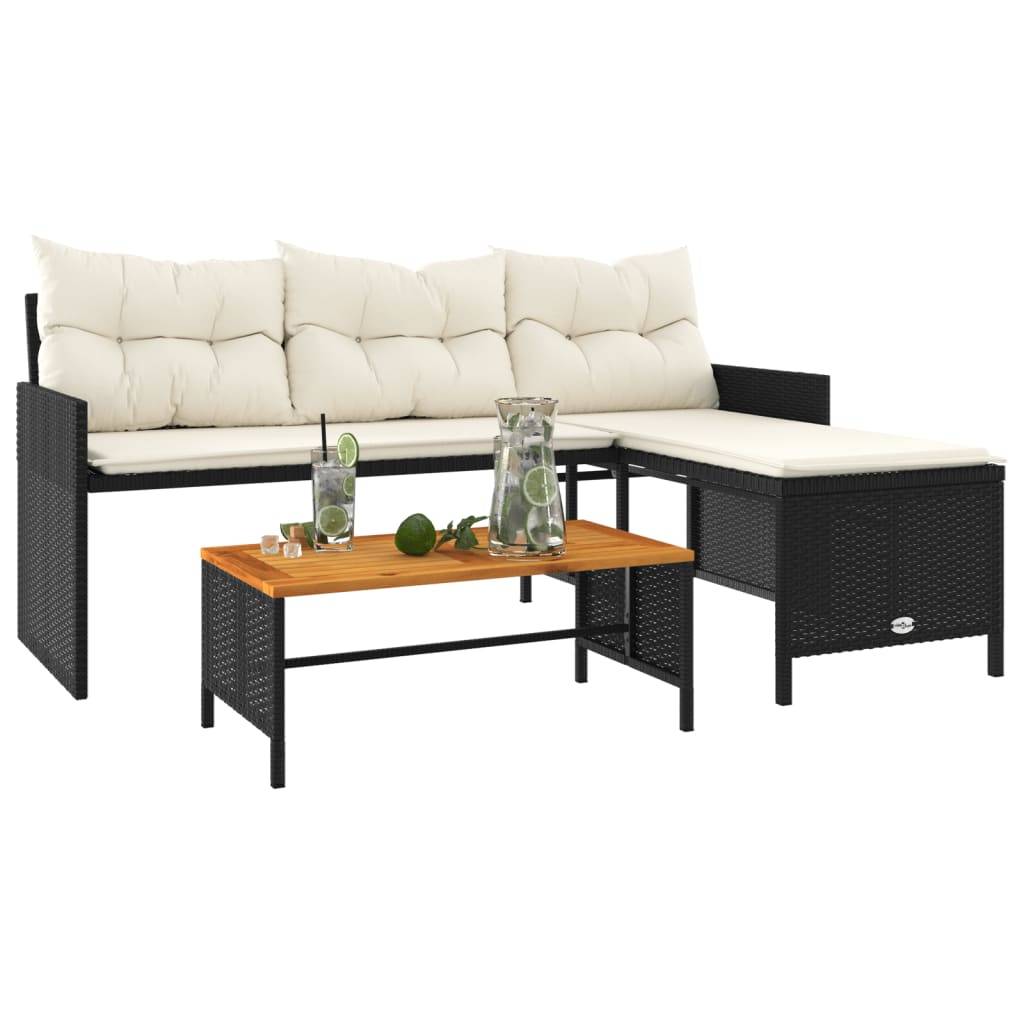 vidaXL Gartensofa in L-Form mit Tisch und Kissen Schwarz Poly Rattan