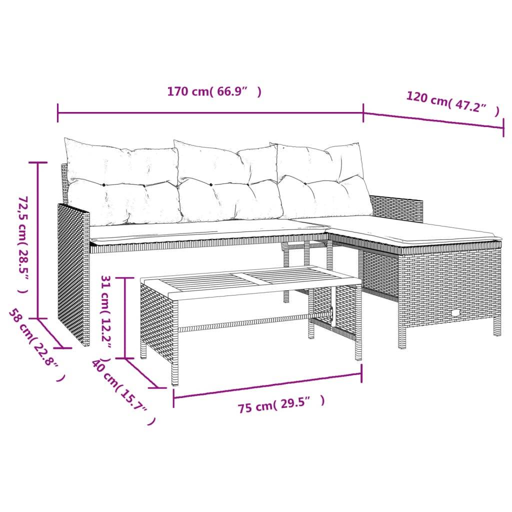 vidaXL Gartensofa in L-Form mit Tisch und Kissen Schwarz Poly Rattan
