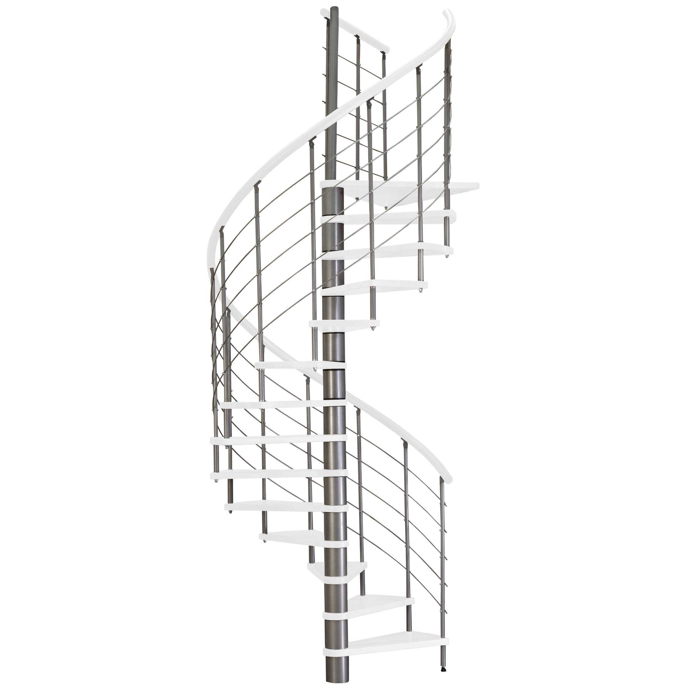 Minka Spindeltreppe Venezia weiß lackiert mit Handlauf und UK in silber Ø140cm bis 309,4cm Geschos