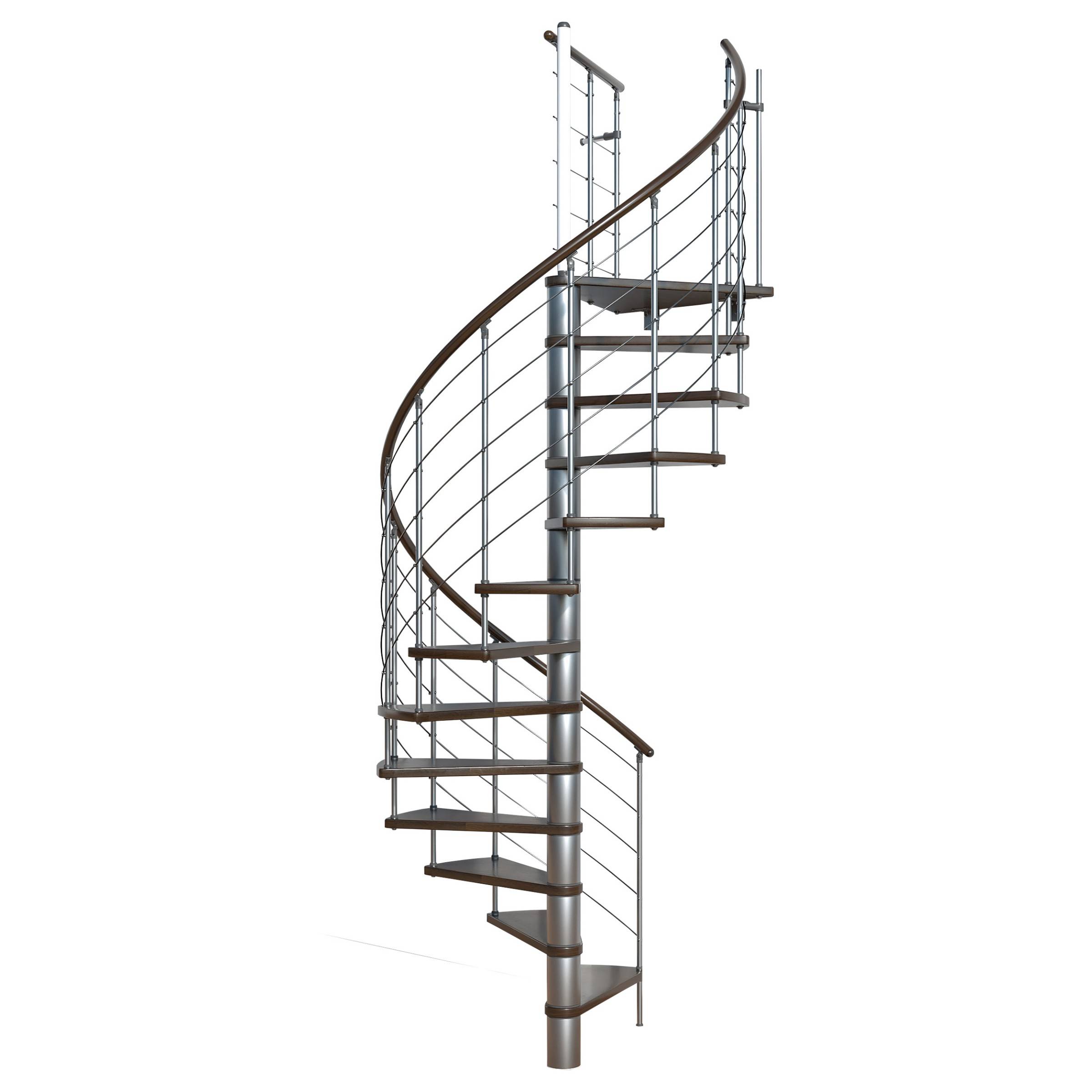 Minka Spindeltreppe Venezia Buche auf Walnuss lackiert mit Handlauf und UK in silber Ø140cm bis 309