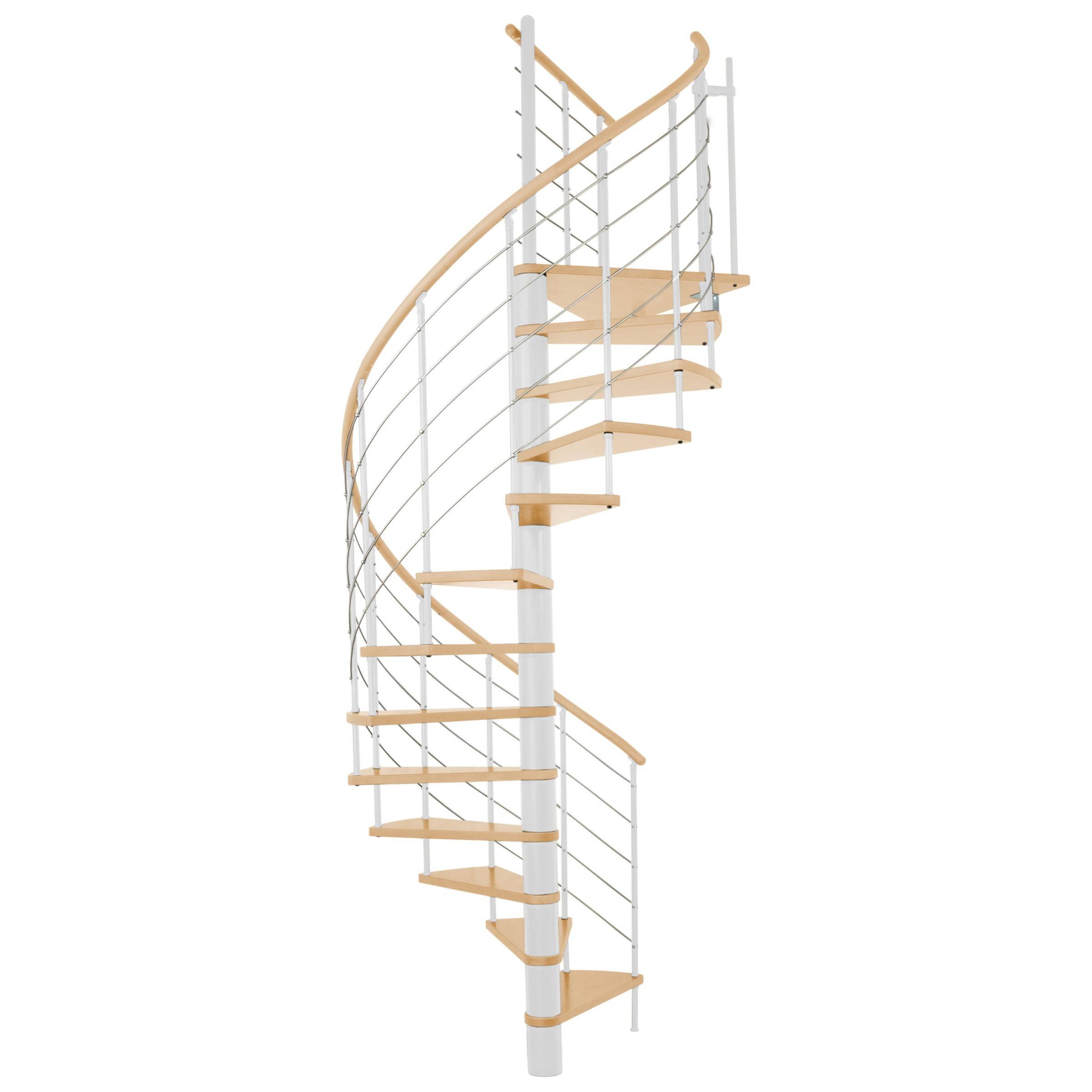 Minka Spindeltreppe Venezia Buche keilgezinkt mit Massivholzhandlauf und UK in weiß Ø140cm bis 309