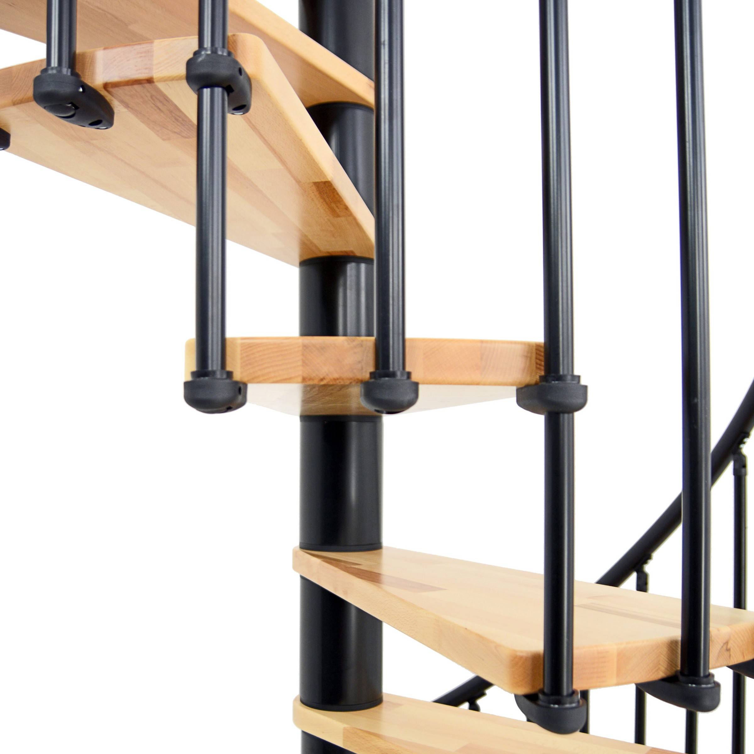 Minka Spindeltreppe Berlin in schwarz mit Buchenstufen bis 309cm Geschosshöhe Ø140cm