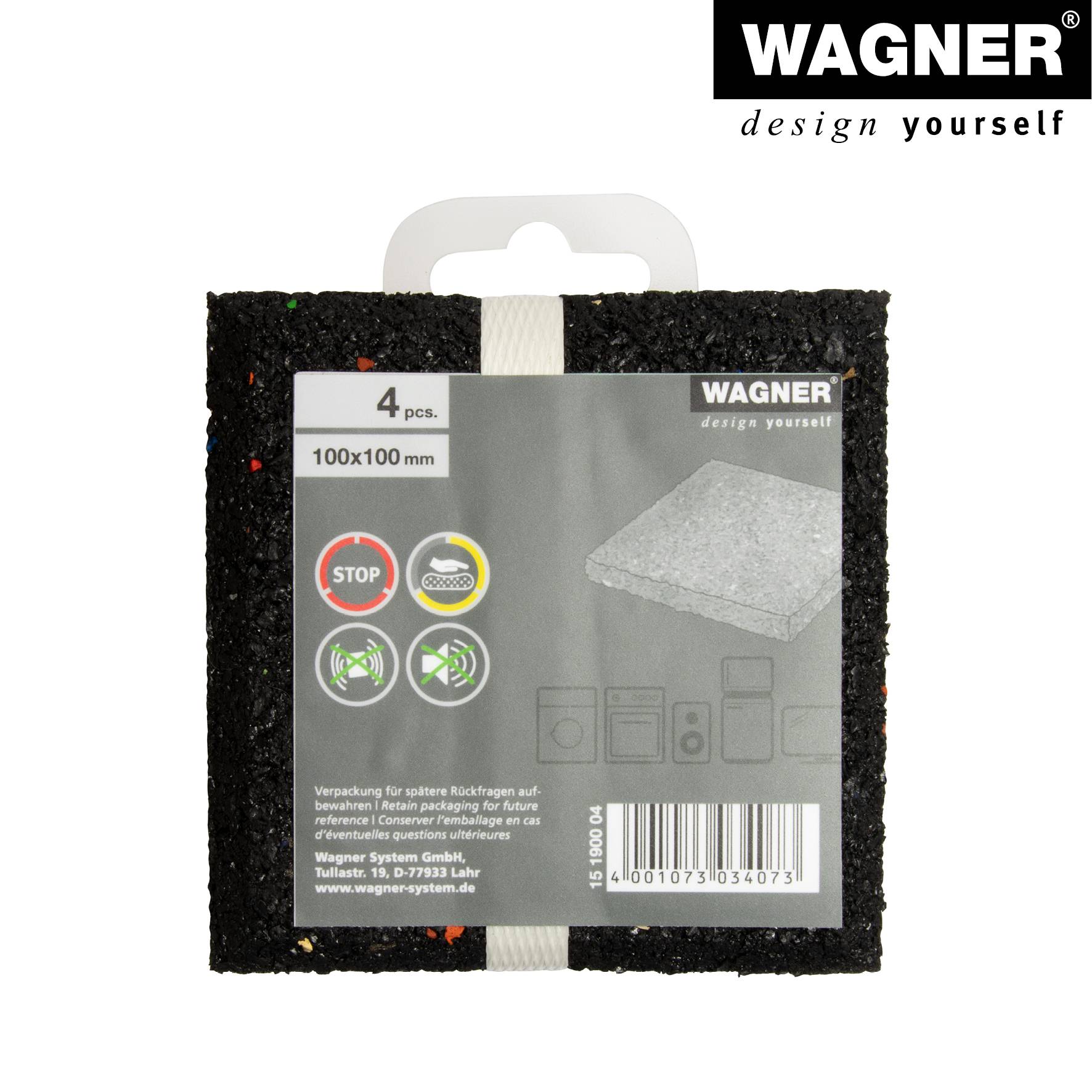 WAGNER Vibrationsdämpfer 4tlg. - 100 x 100 x 15 mm, schwarz, unter der Waschmaschine, Trockner, PAK geprüft - 15190004