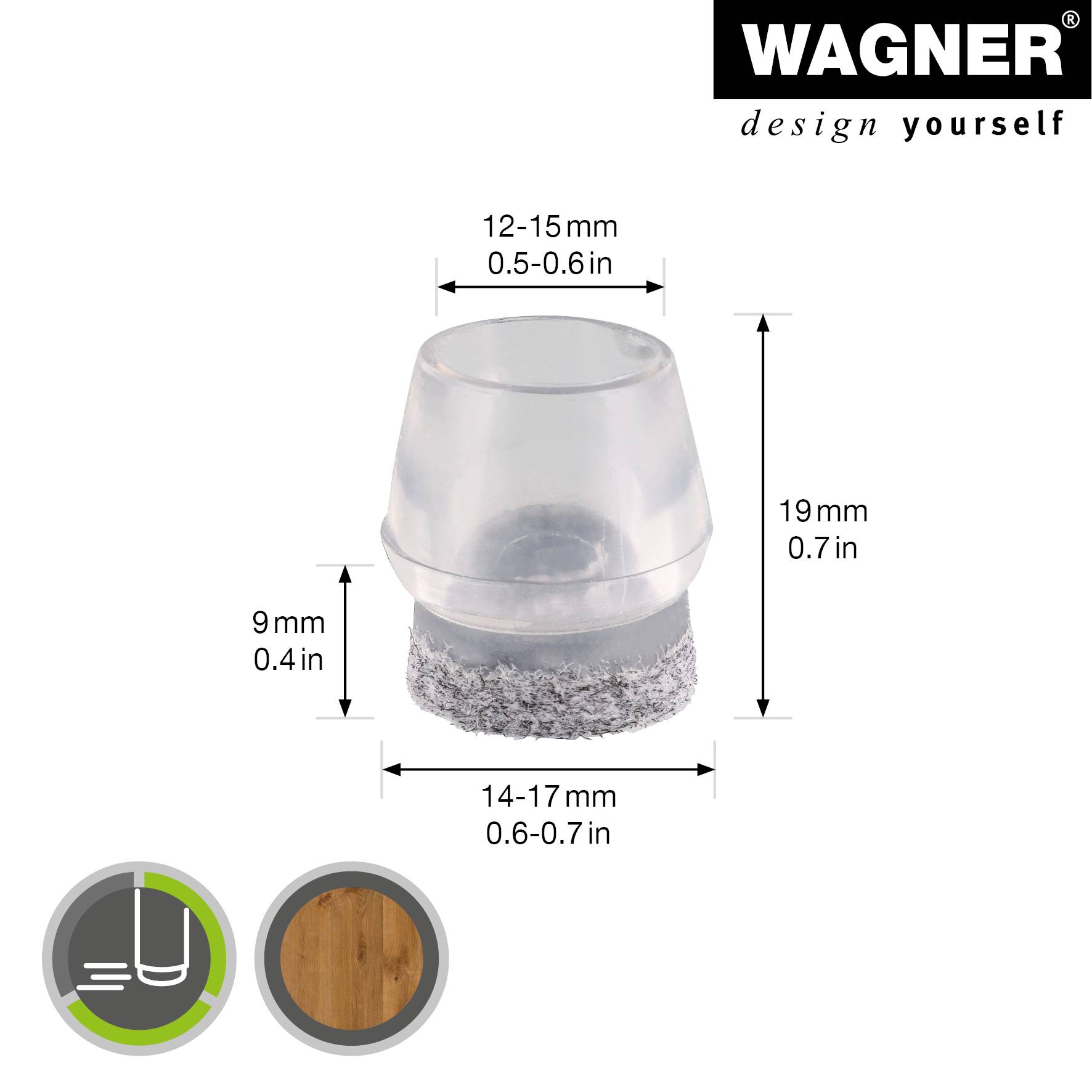 WAGNER Kappen für Stahlrohr rund 4tlg. - Ø 12-15/14-17 x 19 mm, Abrieb Filz 9 mm, Kunststoff transparent - 15055599