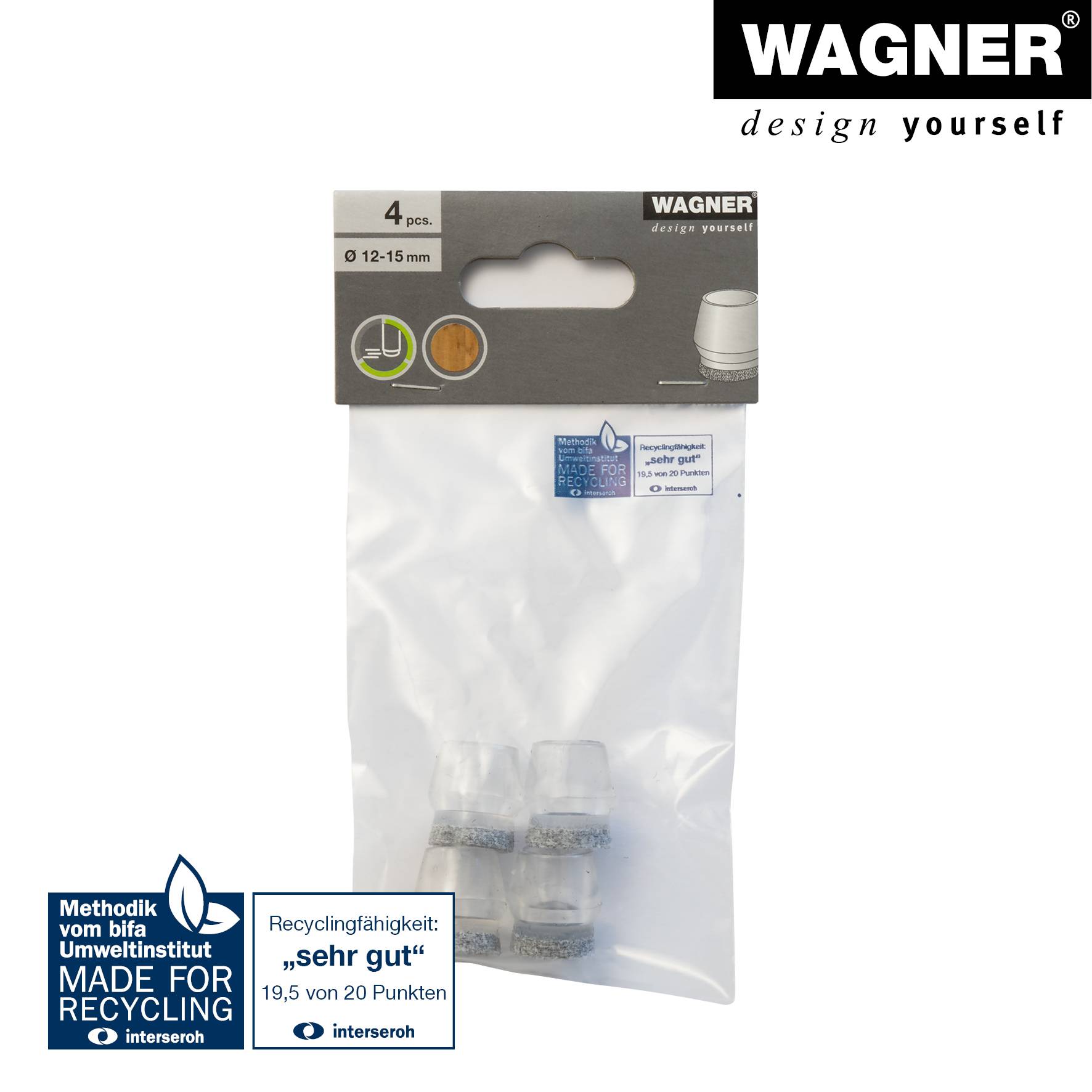 WAGNER Kappen für Stahlrohr rund 4tlg. - Ø 12-15/14-17 x 19 mm, Abrieb Filz 9 mm, Kunststoff transparent - 15055599
