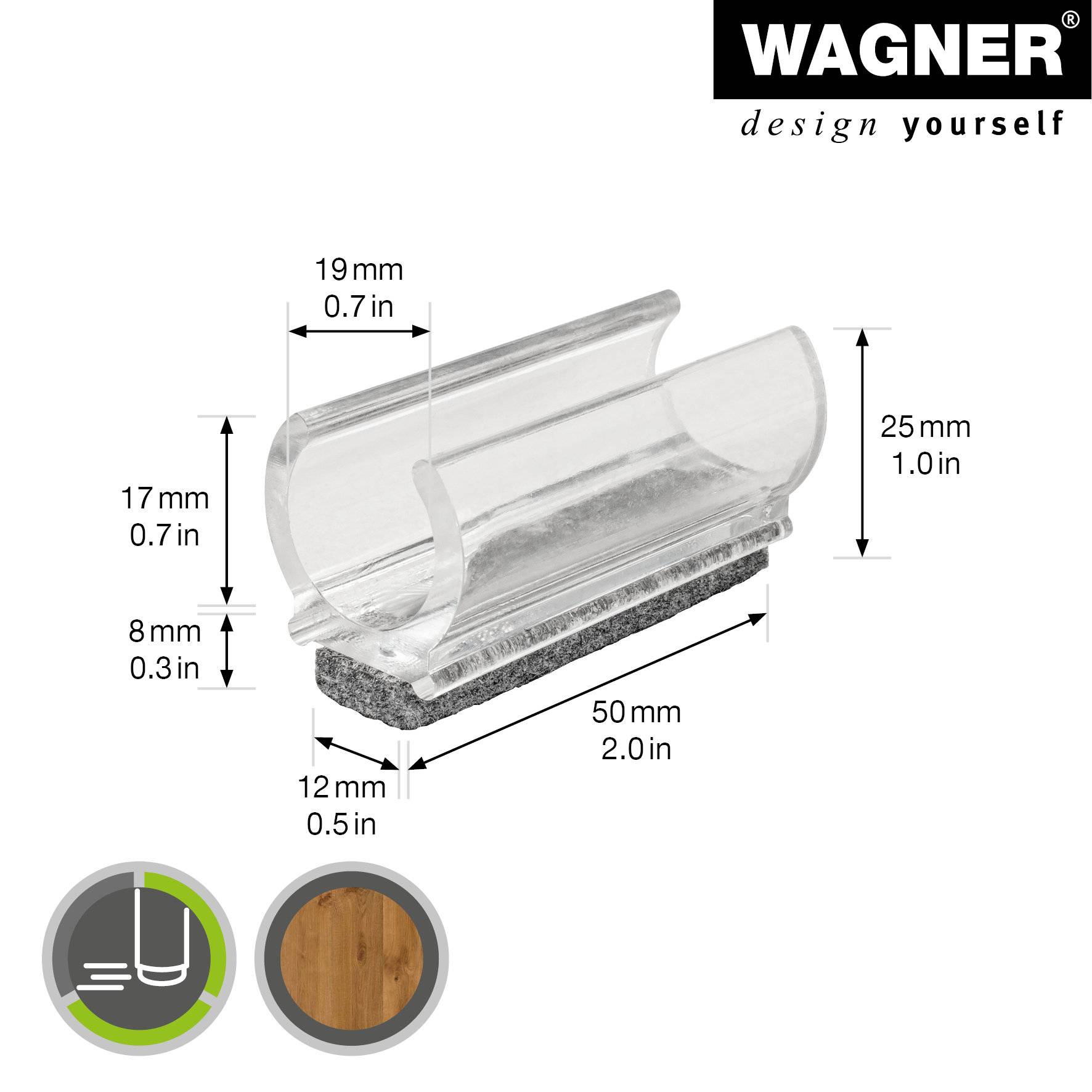WAGNER Klemmschalengleiter für Rundrohr 4tlg. - 50 x 12/19 x 17/25 mm, Filz 8 mm, Kunststoff transparent - 15069299
