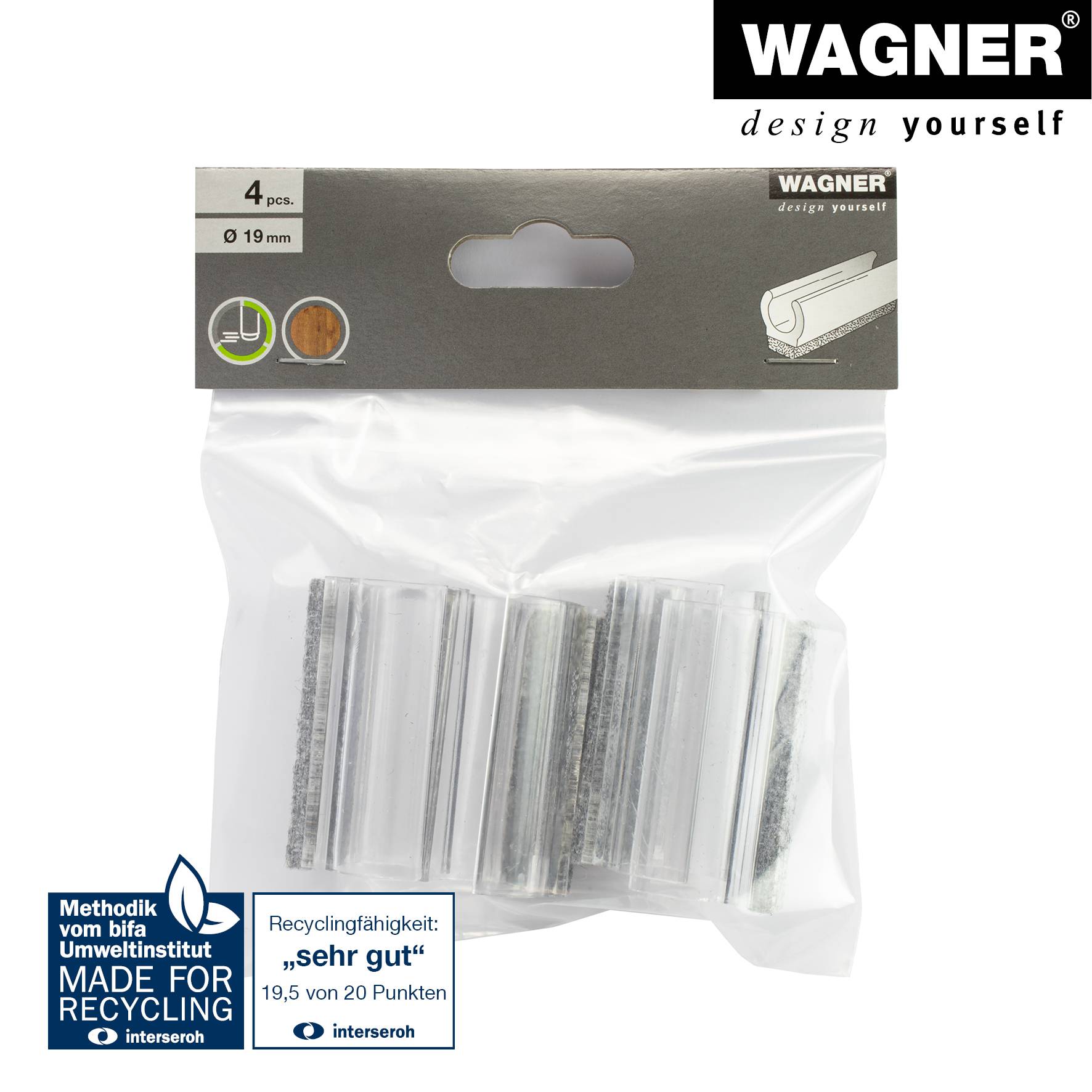 WAGNER Klemmschalengleiter für Rundrohr 4tlg. - 50 x 12/19 x 17/25 mm, Filz 8 mm, Kunststoff transparent - 15069299