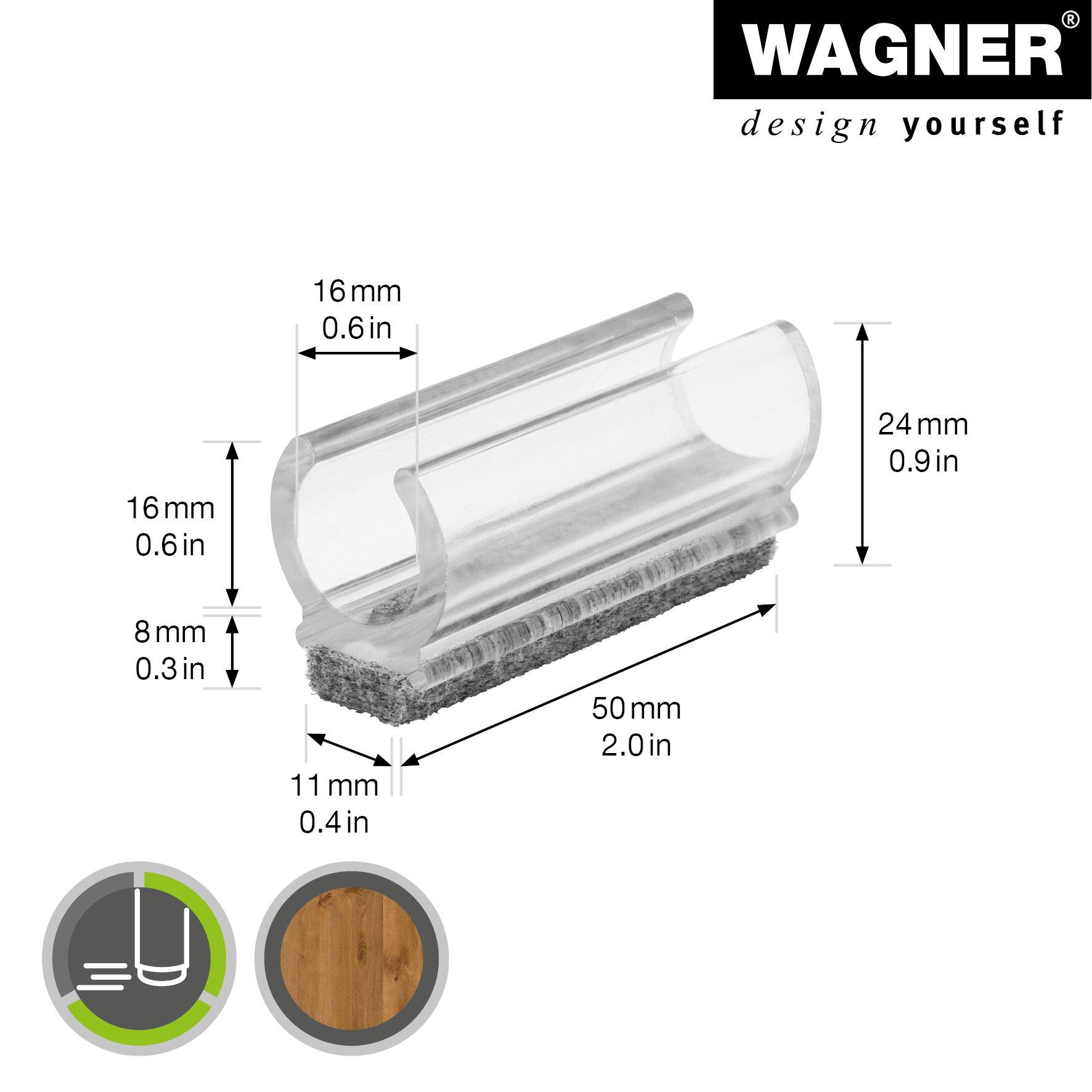 WAGNER Klemmschalengleiter für Rundrohr 4tlg. - 50 x 11/16 x 16/24 mm, Filz 8 mm, Kunststoff transparent - 15069199