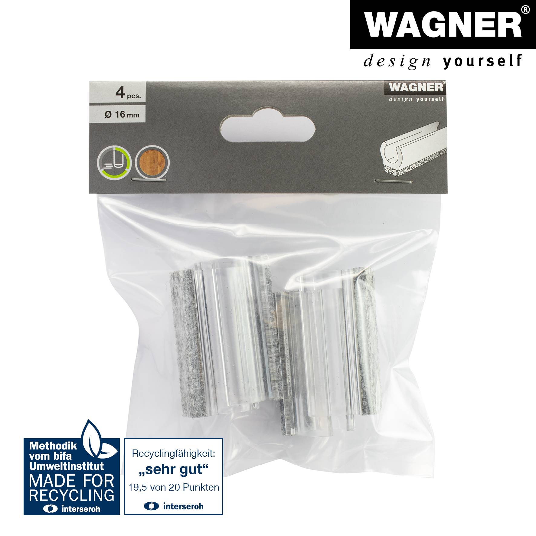WAGNER Klemmschalengleiter für Rundrohr 4tlg. - 50 x 11/16 x 16/24 mm, Filz 8 mm, Kunststoff transparent - 15069199