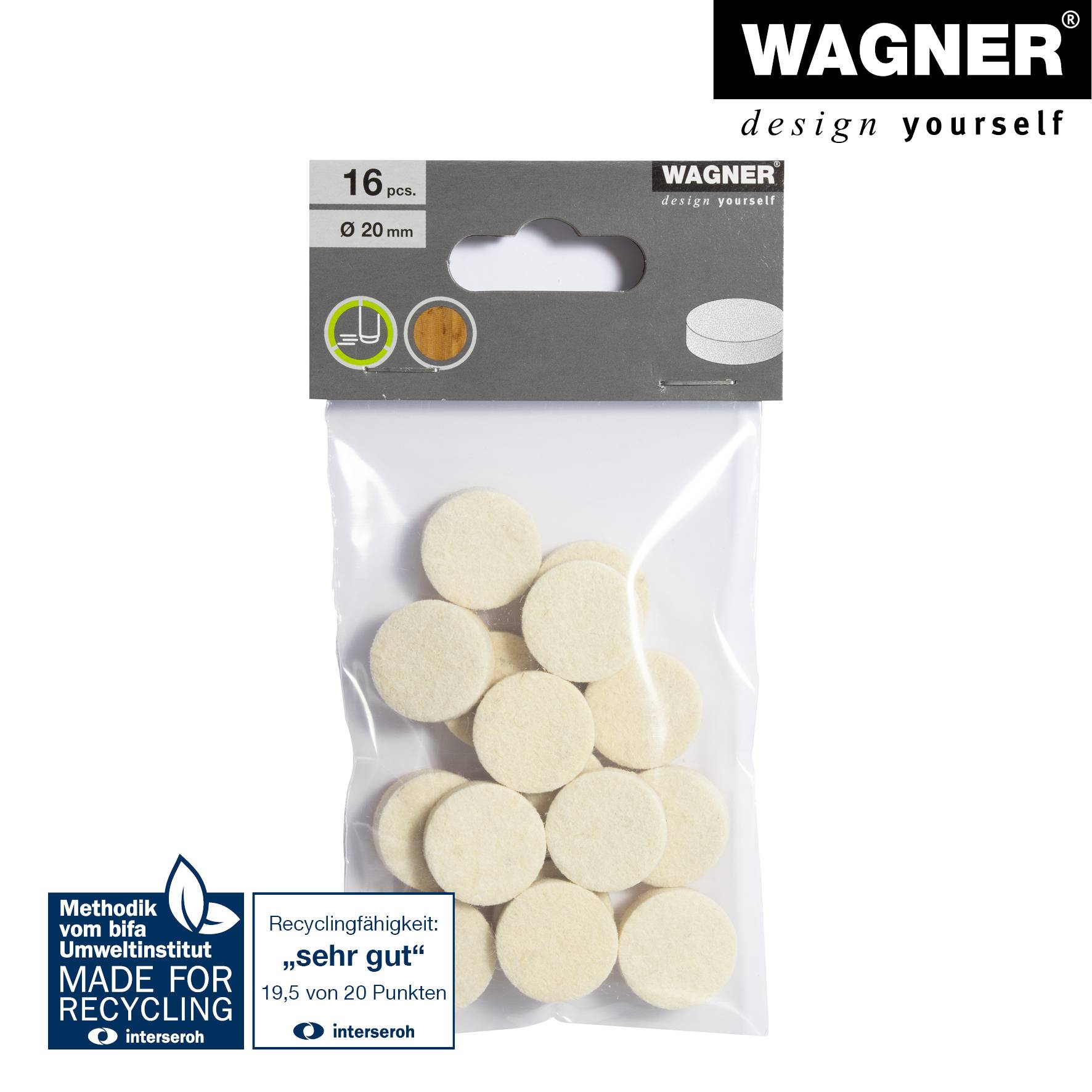 WAGNER Softfilz Pads 16tlg. - Ø 20 x 6 mm, selbstklebend, als Filzgleiter, Schutzpads oder zum Basteln - 15122199