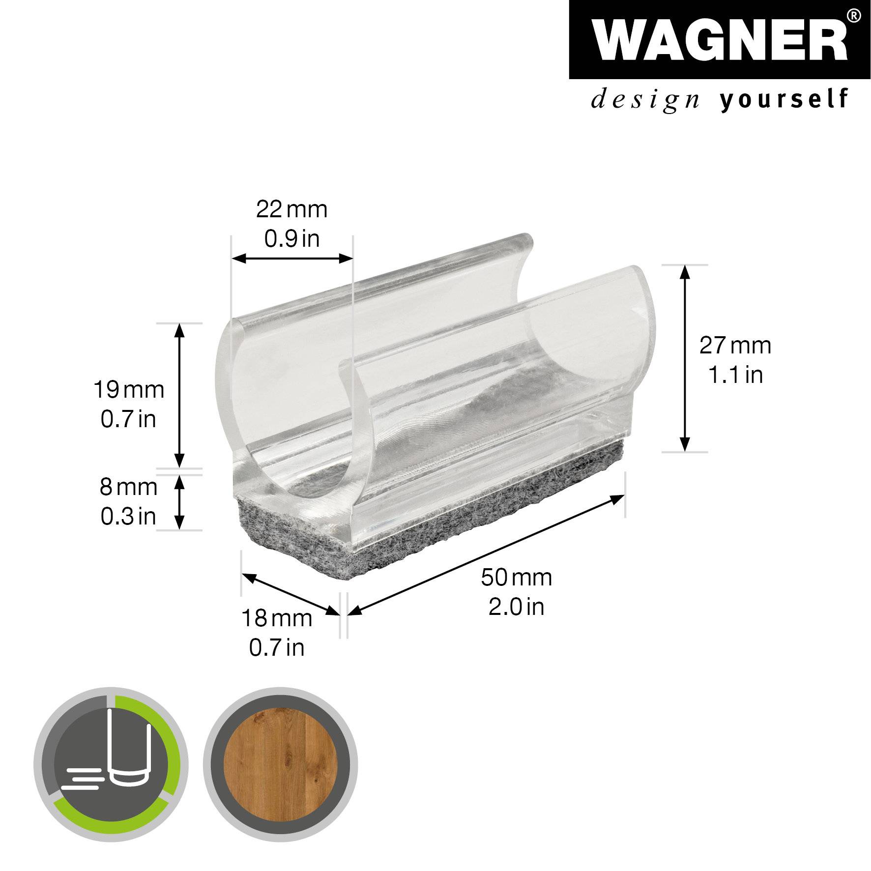 WAGNER Klemmschalengleiter für Rundrohr 4tlg. - 50 x 18/22 x 19/27 mm, Filz 8 mm, Kunststoff transparent - 15069399