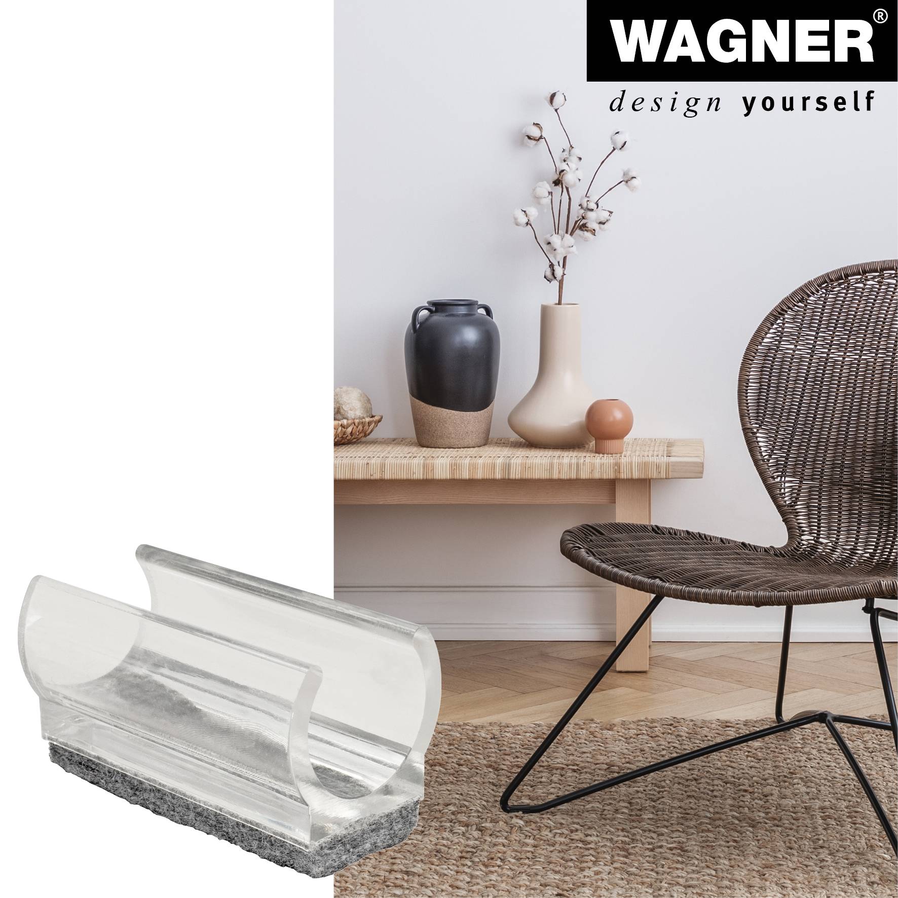 WAGNER Klemmschalengleiter für Rundrohr 4tlg. - 50 x 18/22 x 19/27 mm, Filz 8 mm, Kunststoff transparent - 15069399