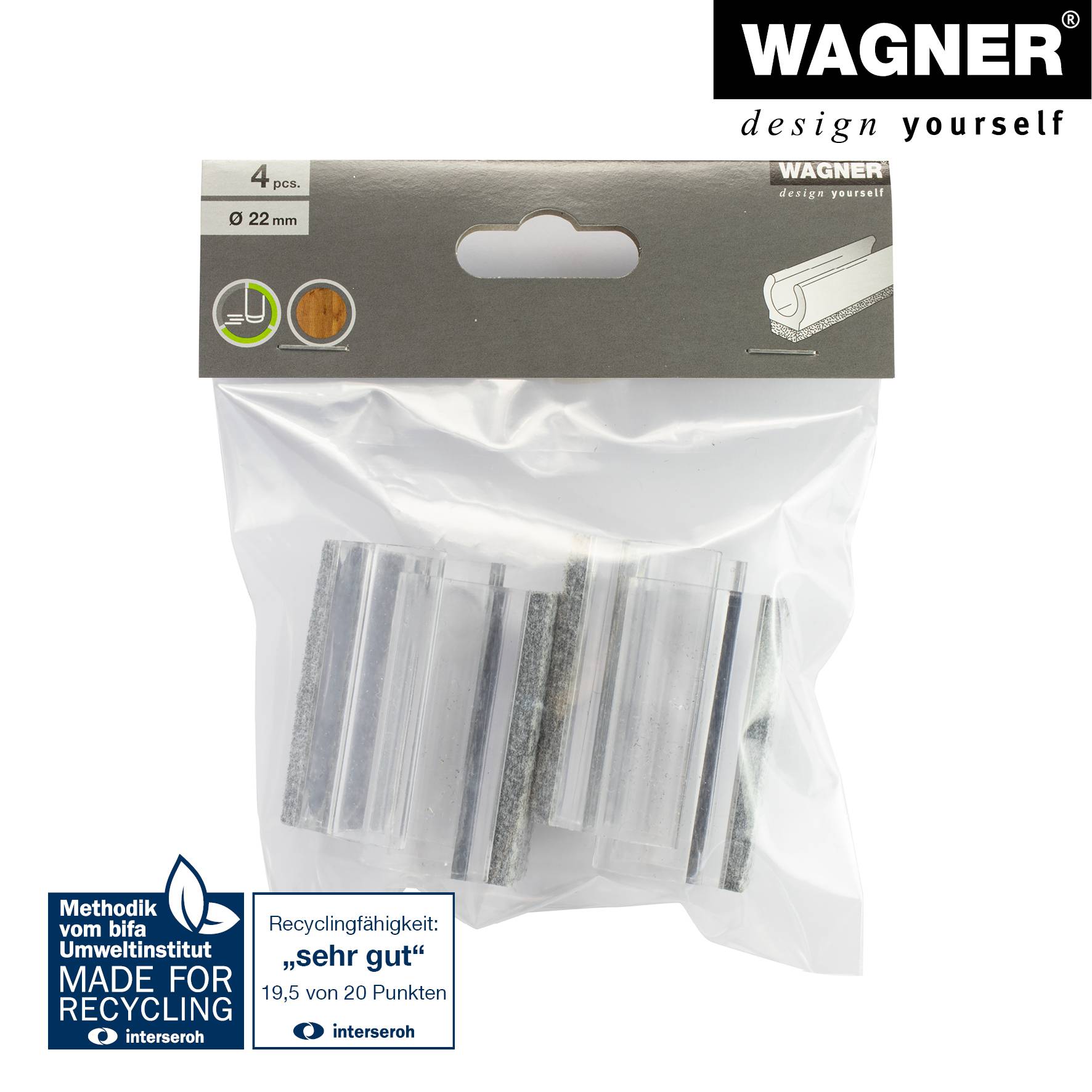 WAGNER Klemmschalengleiter für Rundrohr 4tlg. - 50 x 18/22 x 19/27 mm, Filz 8 mm, Kunststoff transparent - 15069399