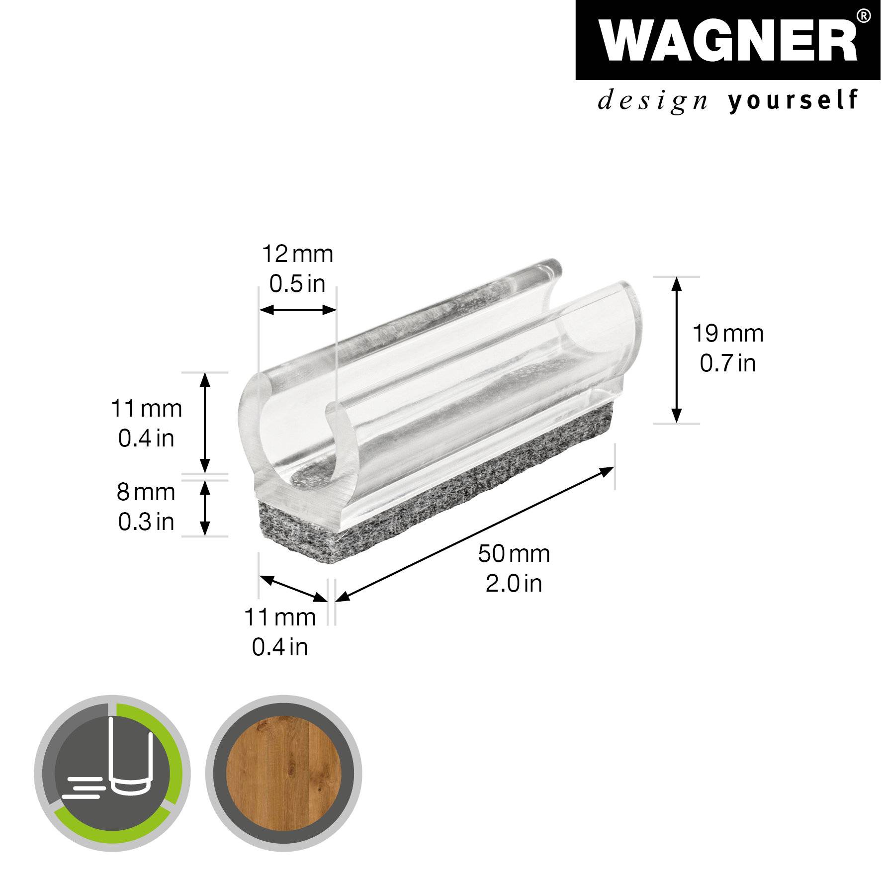 WAGNER Klemmschalengleiter für Rundrohr 4tlg. - 50 x 11/12 x 11/19 mm, Filz 8 mm, Kunststoff transparent - 15069099