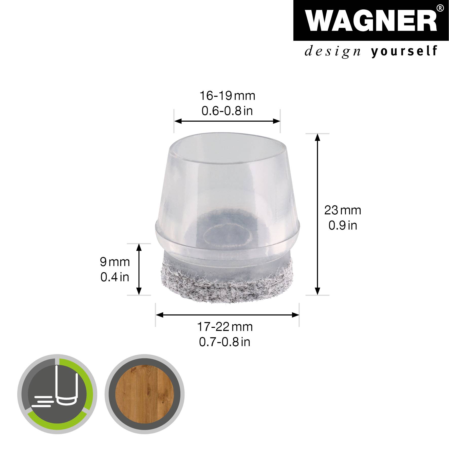 WAGNER Kappen für Stahlrohr rund 4tlg. - Ø 16-19/17-22 x 19 mm, Abrieb Filz 9 mm, Kunststoff transparent - 15055999