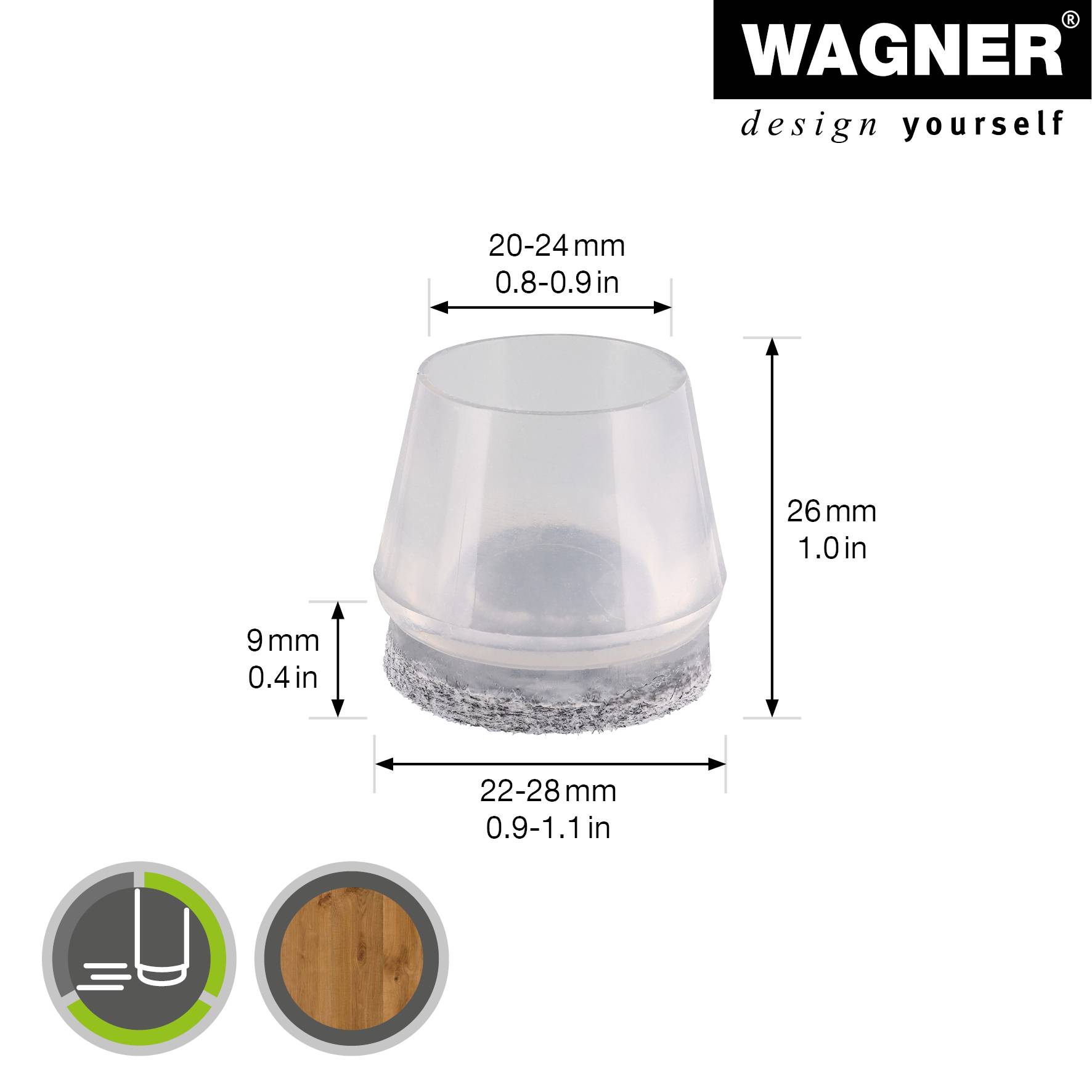 WAGNER Kappen für Stahlrohr rund 4tlg. - Ø 20-24/22-28 x 26 mm, Abrieb Filz 9 mm, Kunststoff transparent - 15056499