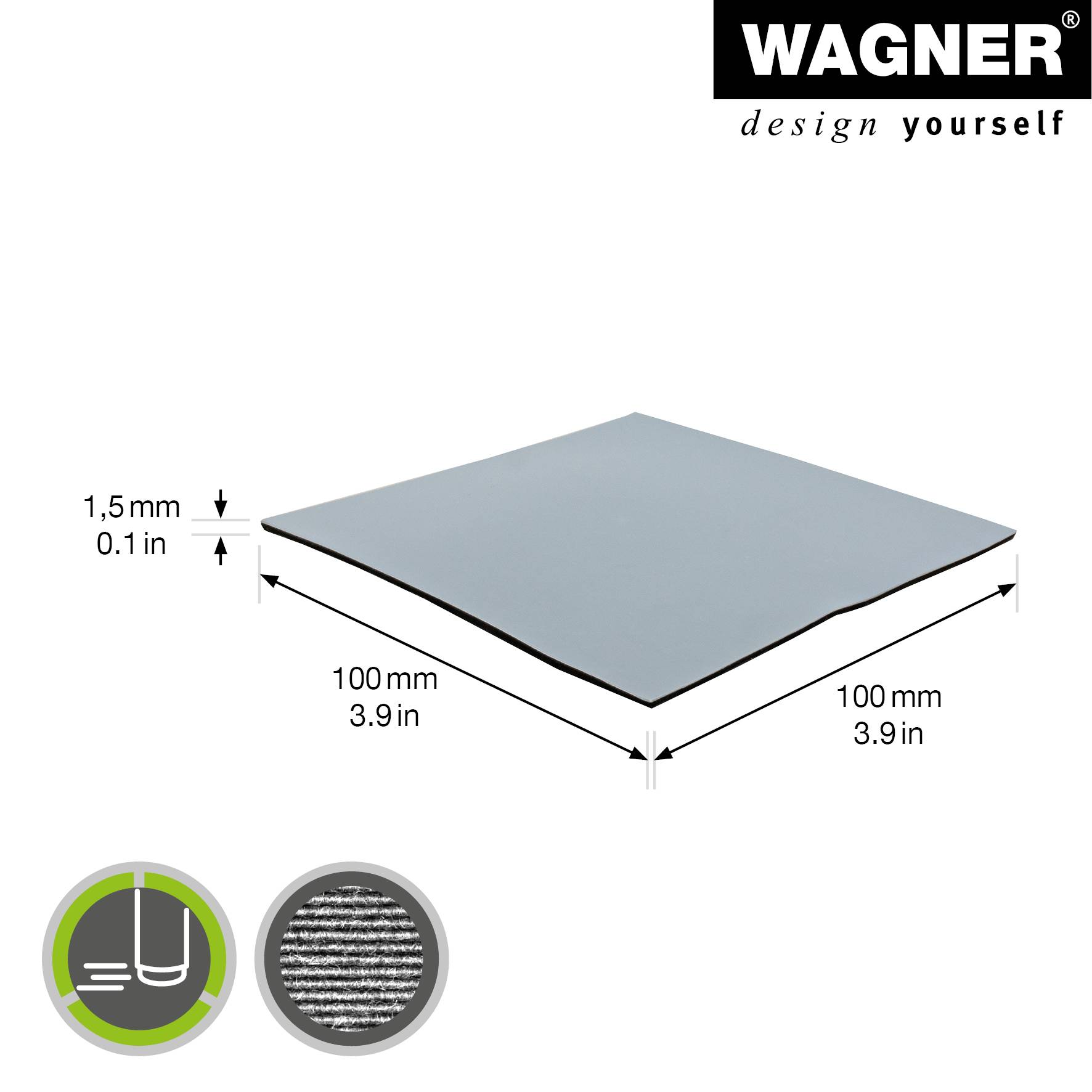 WAGNER PTFE Gleiter - 100 x 100 x 1,5 mm, Spezialkunststoff, selbstklebend, grau, als Gleitpad, robust - 16121099