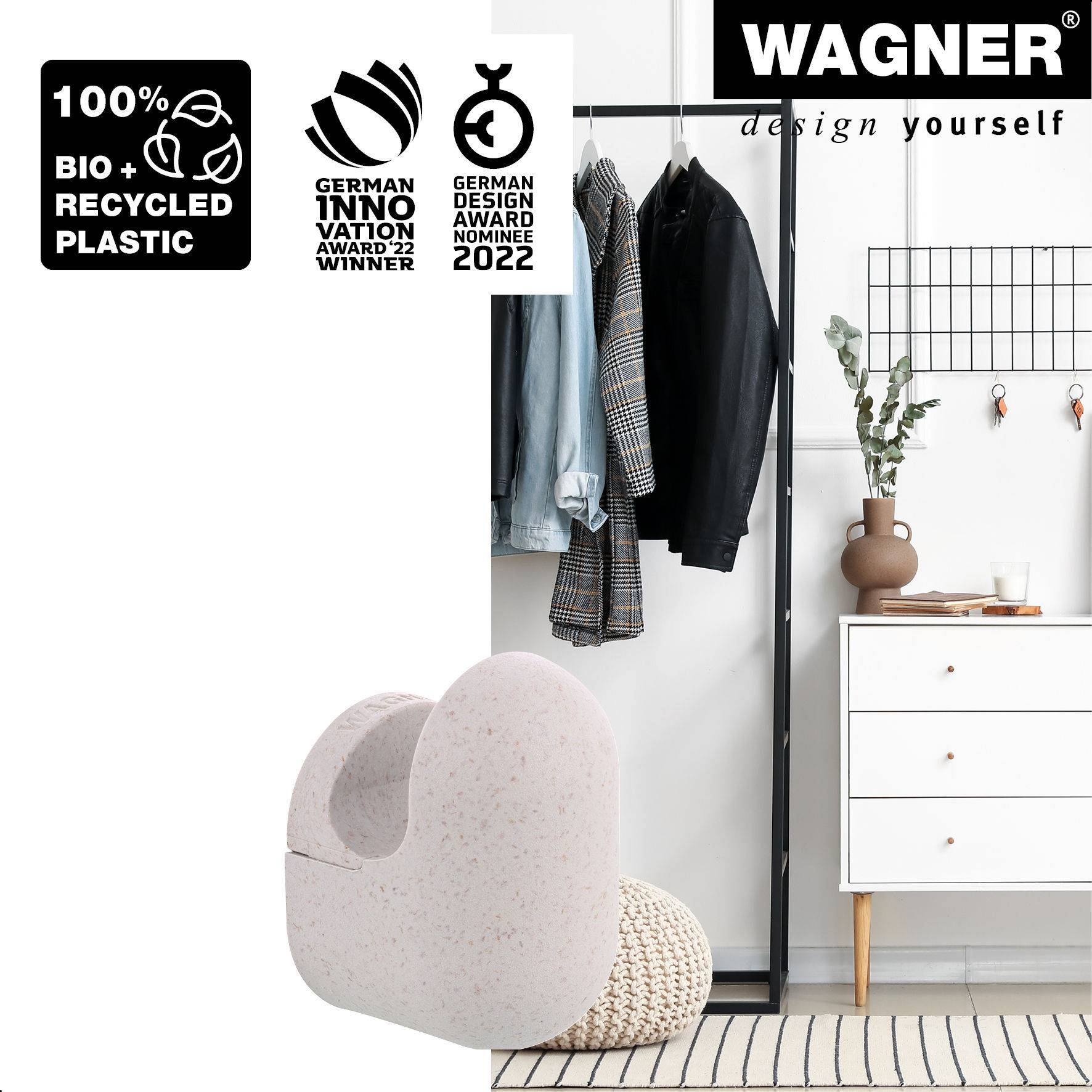 WAGNER hooks4home Wandhaken PILL - 50 x 30 x 35 mm, Bio Kunststoff hellgrau, DE Ware - 17041321