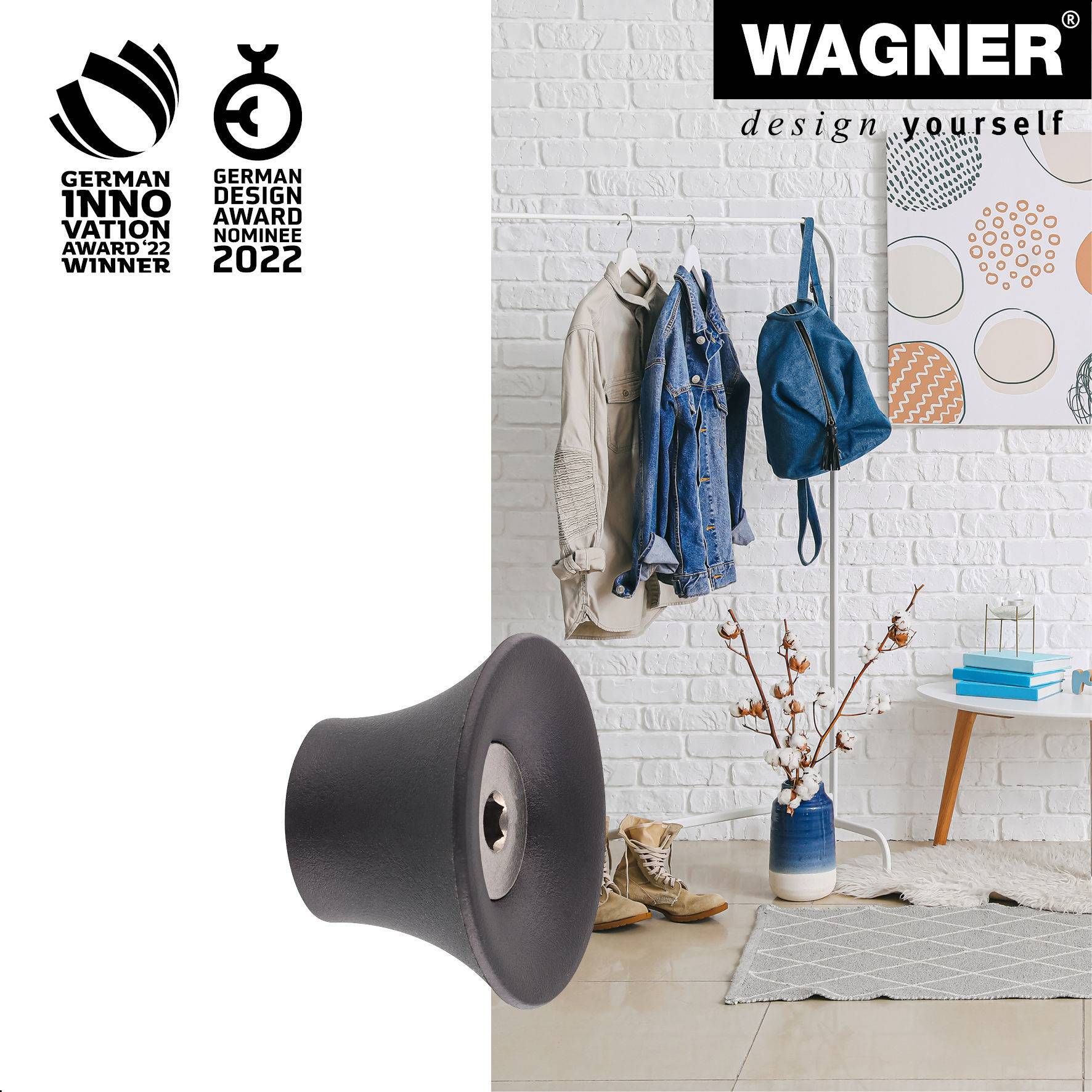 WAGNER hooks4home Wandhaken TULIP - Ø 40 x 25 mm, Stahl & Kunststoff, schwarz - 17030121