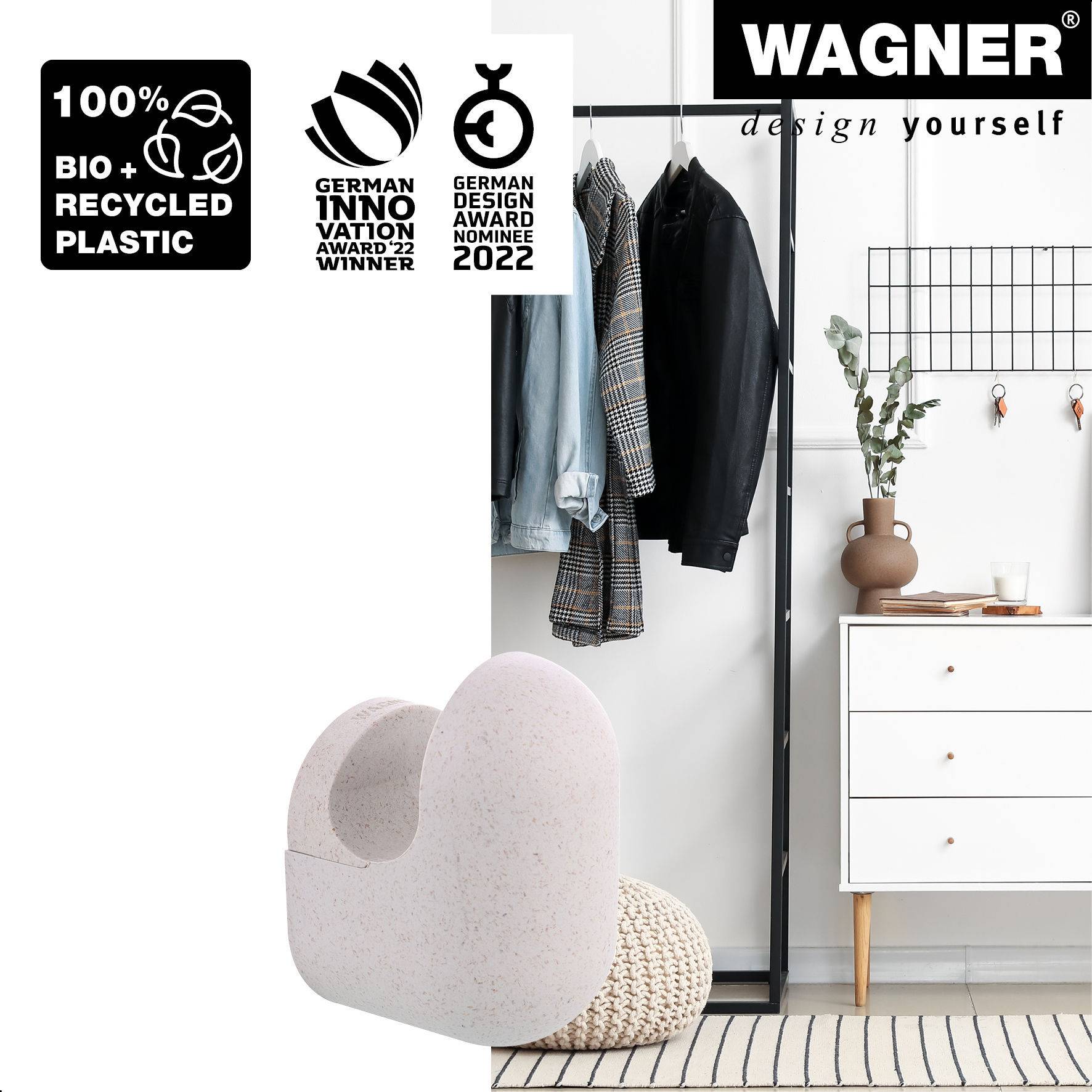 WAGNER hooks4home Wandhaken PILL - 75 x 55 x 45 mm, Bio Kunststoff hellgrau, DE Ware - 17041421