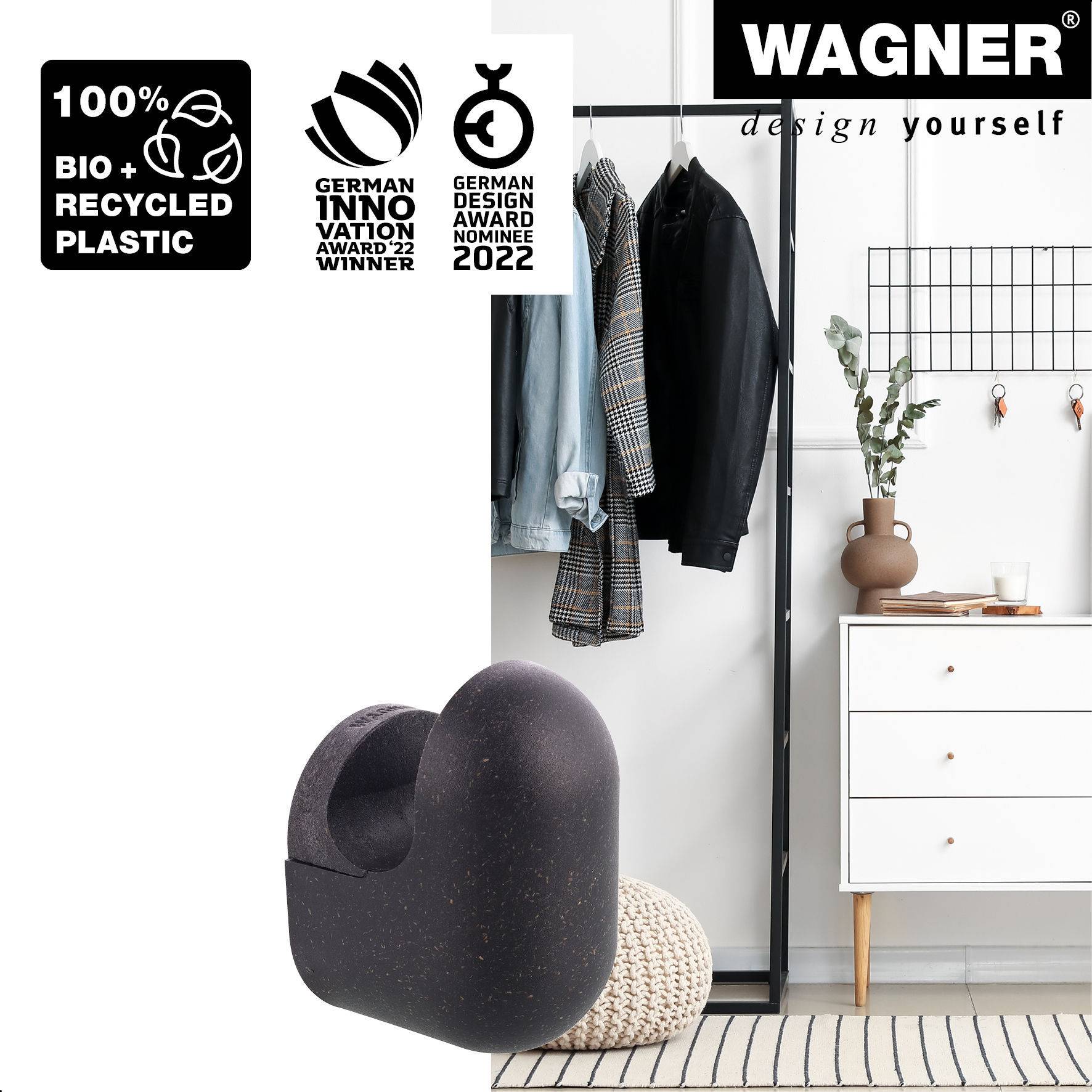 WAGNER hooks4home Wandhaken PILL - 75 x 55 x 45 mm, Bio Kunststoff schwarz, DE Ware - 17040221