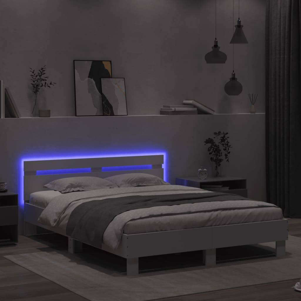 vidaXL Bettgestell mit Kopfteil LED-Beleuchtung Weiß 140x190 cm
