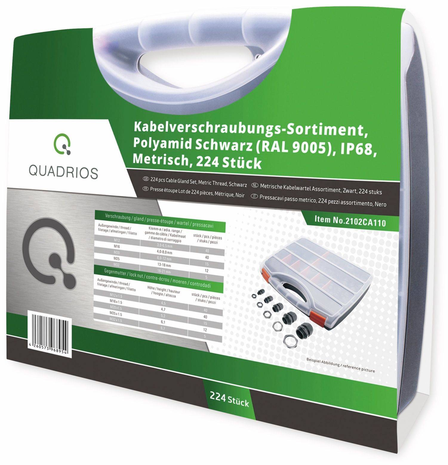 QUADRIOS, 2102CA110, Kabelverschraubungs-Sortiment, Schwarz - Metrisch, 224 Stück