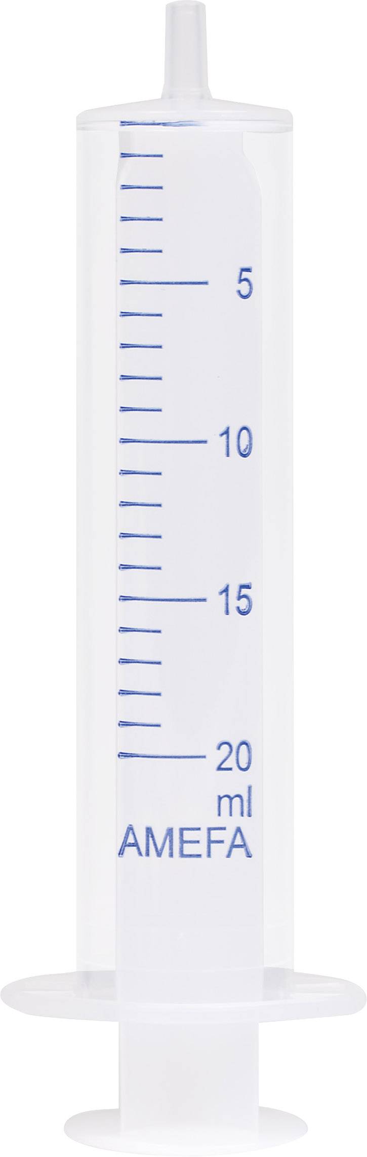 Plastikspritze mit 20 ml Skala, zeigt Mengen zwischen 0 und 20 ml.