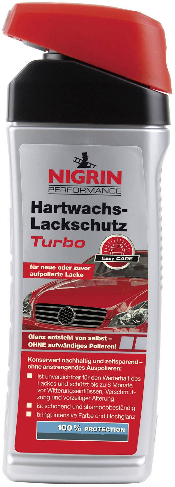 Flasche mit Nigrin Hartwachs-Lackschutz Turbo, für neue oder kürzlich polierte Lacke, mit rotem Auto und Anwendungshinweisen.