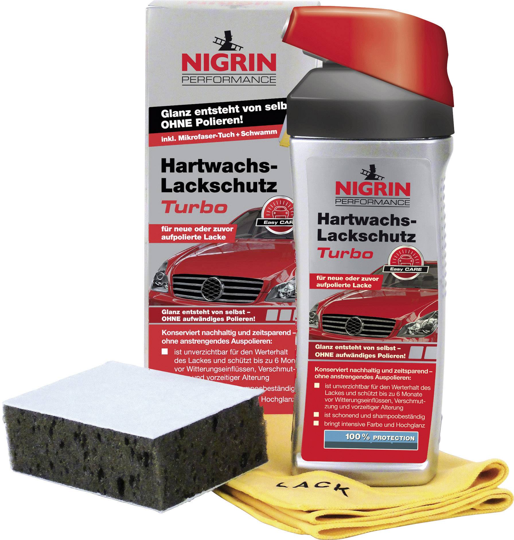 Flasche Nigrin Hartwachs-Lackschutz Turbo mit Autoabbildung, Schwamm und Tuch. Für neuen Autolackschutz ohne Polieren.