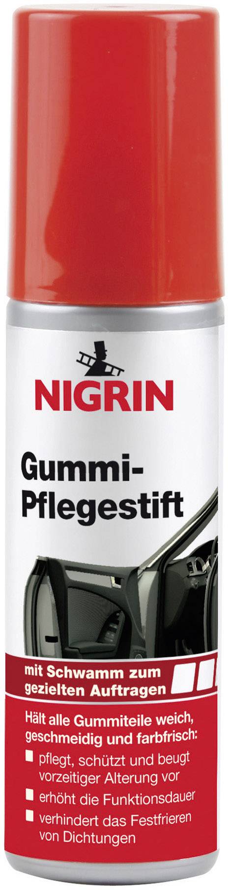 Eine rote Flasche mit 'Nigrin Gummi-Pflegestift'. Enthält Angaben zur Pflege von Gummiteilen, um Verhärtung und Alterung zu verhindern.
