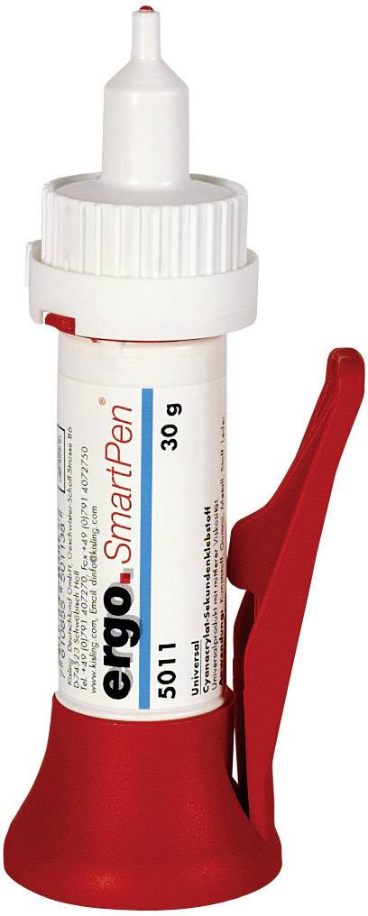Ein ergonomischer Kleberspender, 'ergo.® 5011 SmartPen', mit rotem Griff und weißem Behälter. Enthält 30 g Klebstoff.