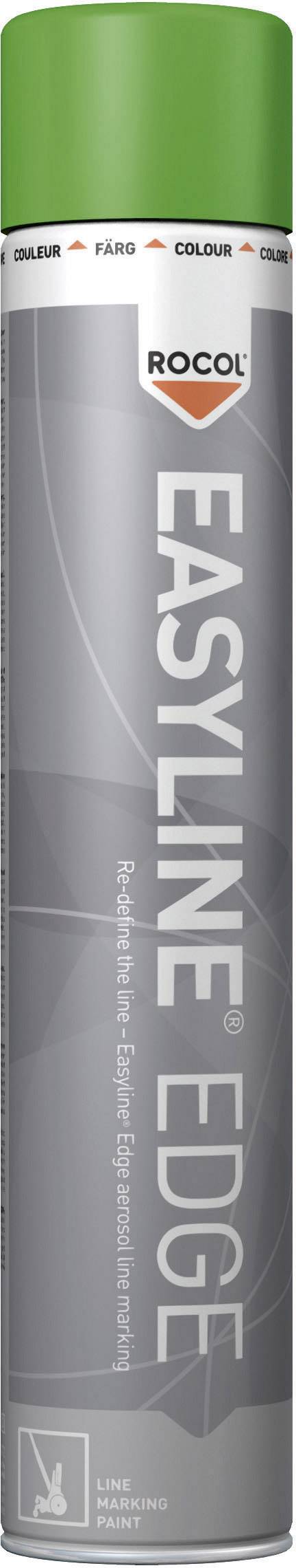 Ein grünes Spraydosenetikett der Marke 'ROCOL' mit dem Produktnamen 'EASYLINE EDGE' für Markierfarbe, verwendet für Linienmarkierungen.