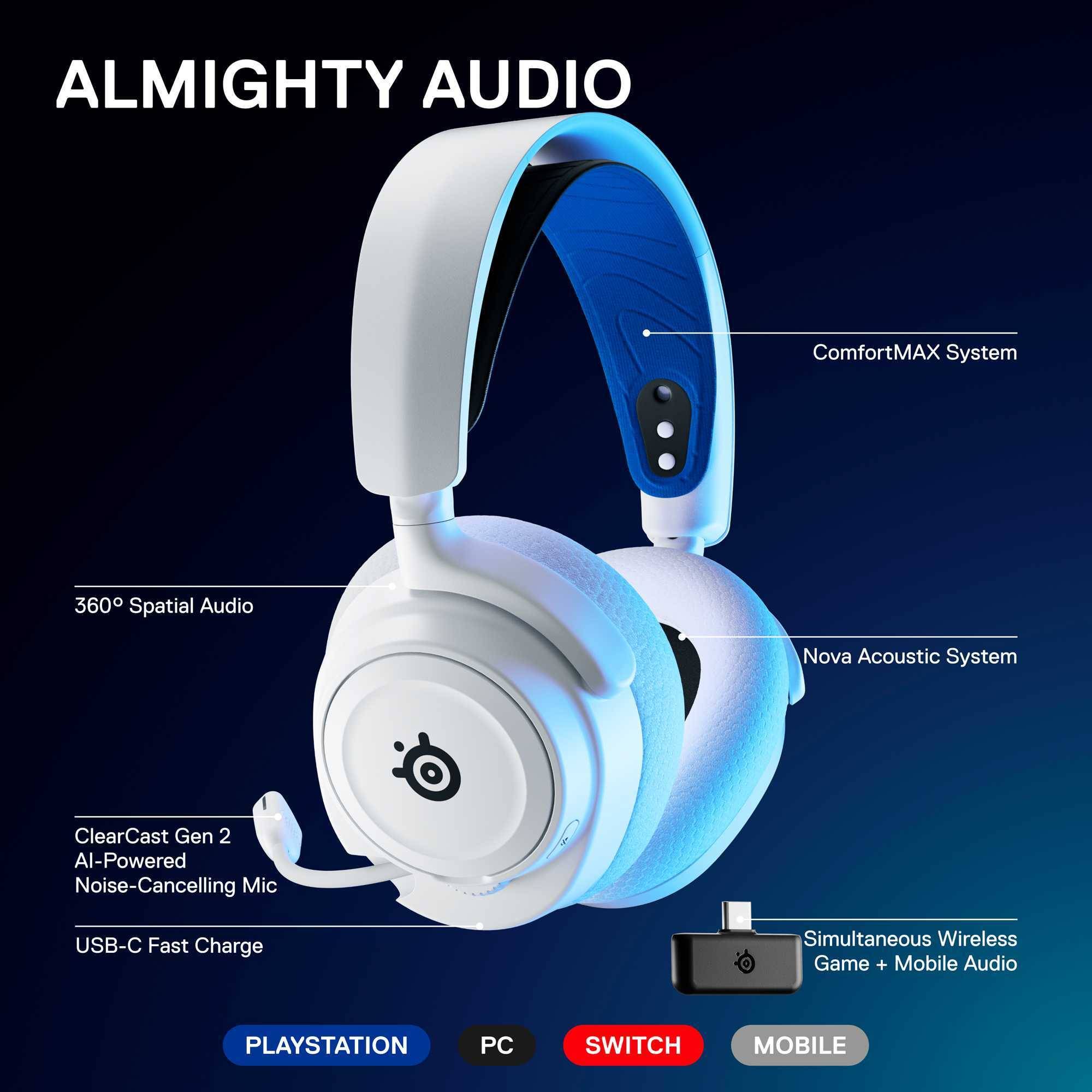 Steelseries ARCTIS NOVA 7P WHITE Kopfhörer Kabellos Kopfband Gaming Bluetooth Blau, Weiß