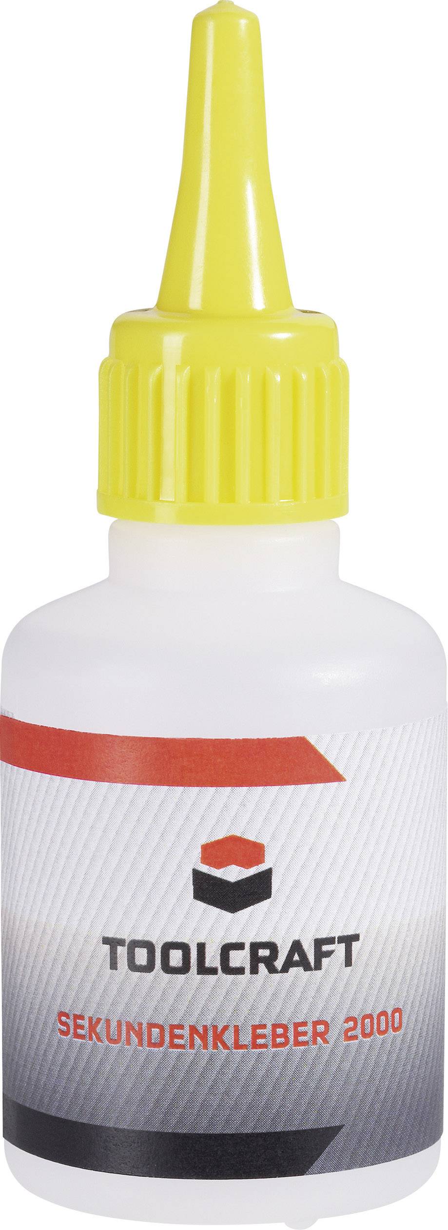 Kleine Flasche mit gelbem Applikator, beschriftet mit 'TOOLCRAFT SEKUNDENKLEBER 2000'. Enthält Sekundenkleber.
