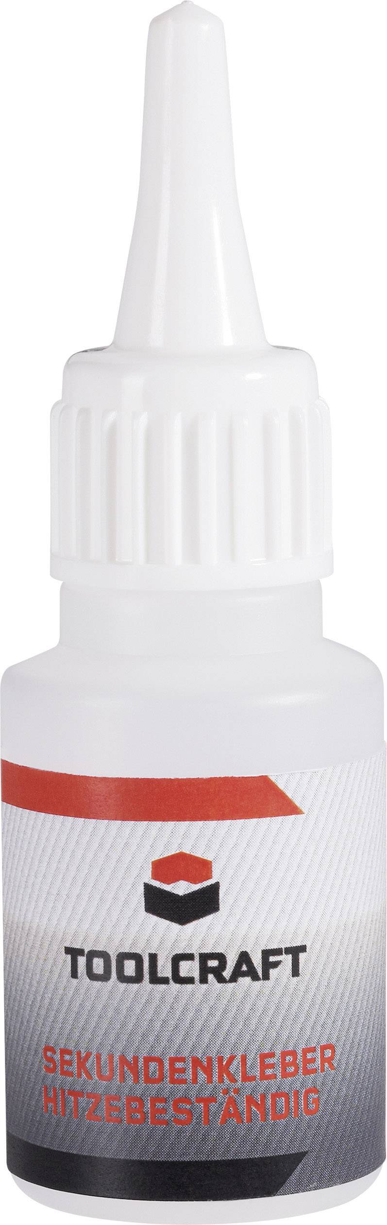 Eine weiße Flasche Toolcraft Sekundenkleber, hitzebeständig, mit rotem und schwarzem Aufdruck.