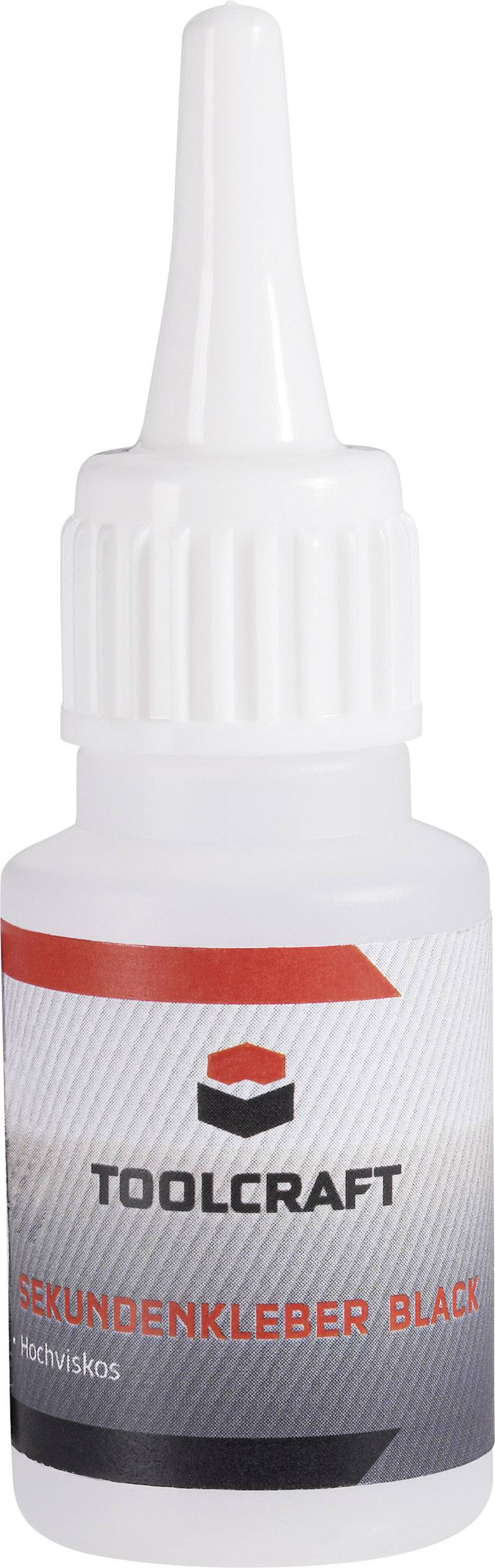 Werkzeugkleberflasche von Toolcraft mit der Aufschrift 'Sekundenkleber Black', verkaufsfertig präsentiert.