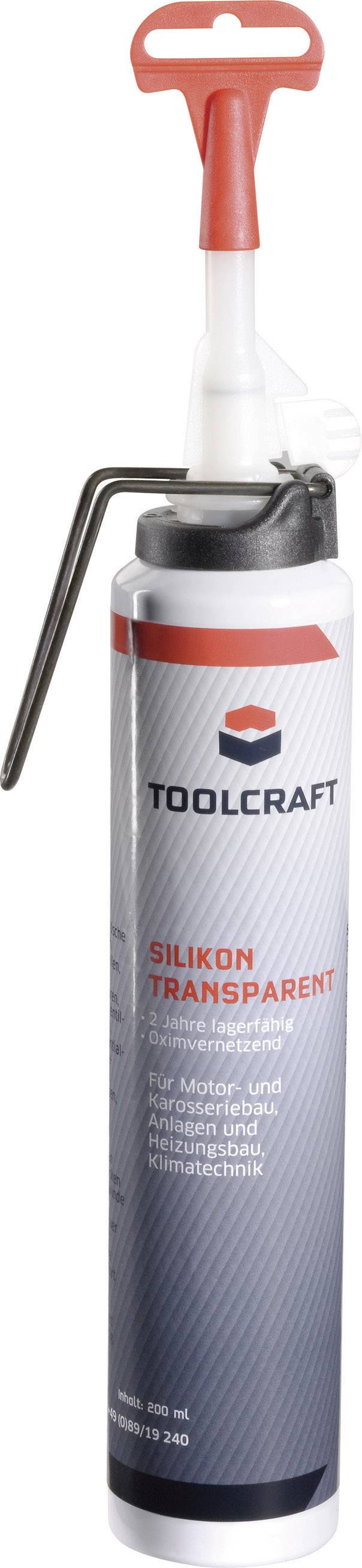 Transparentes Silikon von TOOLCRAFT in einer Kartusche mit Pumpe und Griff, geeignet für Abdichtungen und verschiedene Anwendungen.