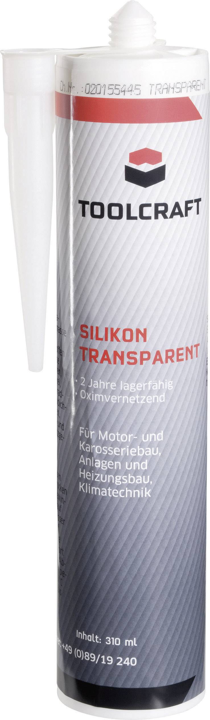 Transparente Silikonkartusche von TOOLCRAFT mit roter Aufschrift. Enthält 310 ml. Geeignet für Motor- und Karosseriebau, Dichtungen und Heizungsbau.