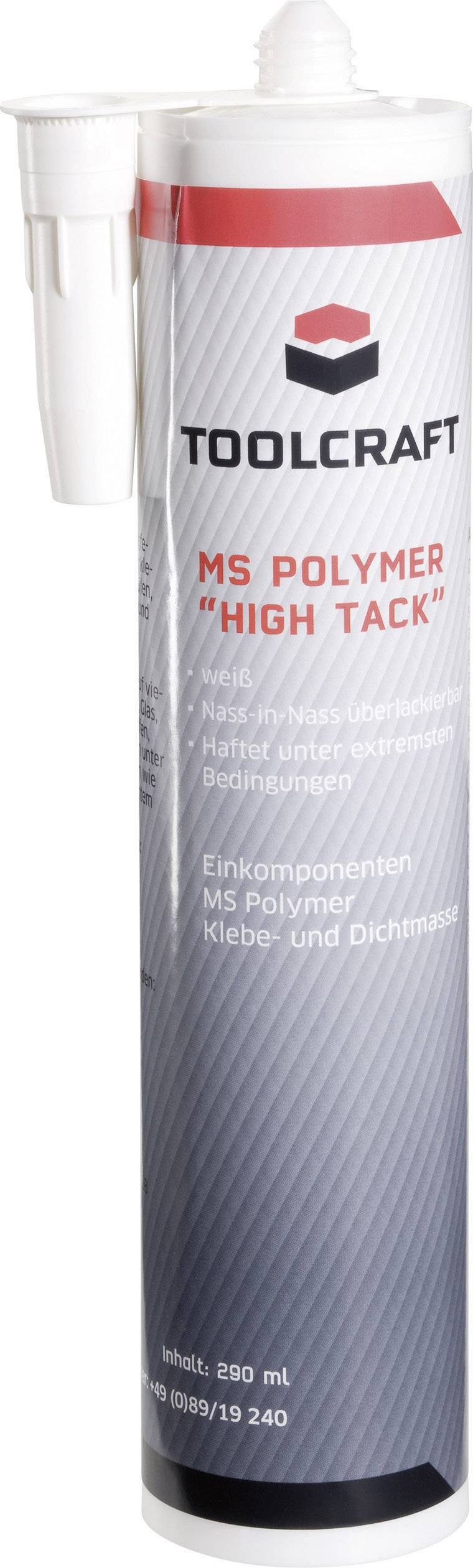Kartusche mit der Aufschrift 'TOOLCRAFT MS Polymer High Tack', geeignet für Abdichtungsarbeiten; weiße Kappe und Spitze; 290 ml Inhalt.