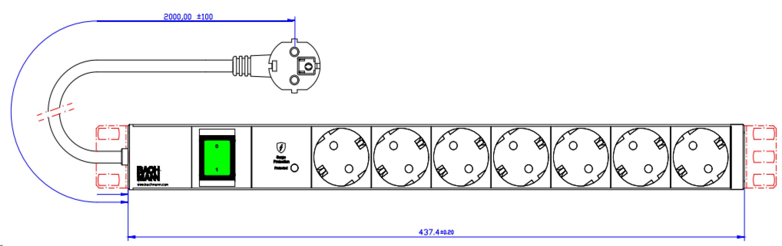 Bachmann 19" 1HE 7xCEE7/3 800.39341xSPD-Plus 1xSchalter 2 0m CEE7/7" -