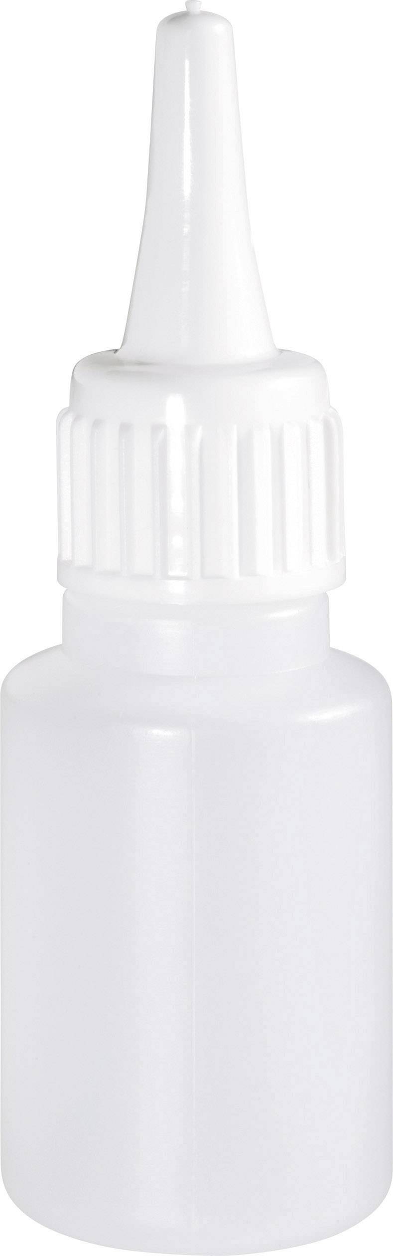 Eine kleine, weiße Plastikflasche mit langem, schmalem Tropfaufsatz und geriffeltem Verschluss, oft benutzt für Flüssigkeiten.