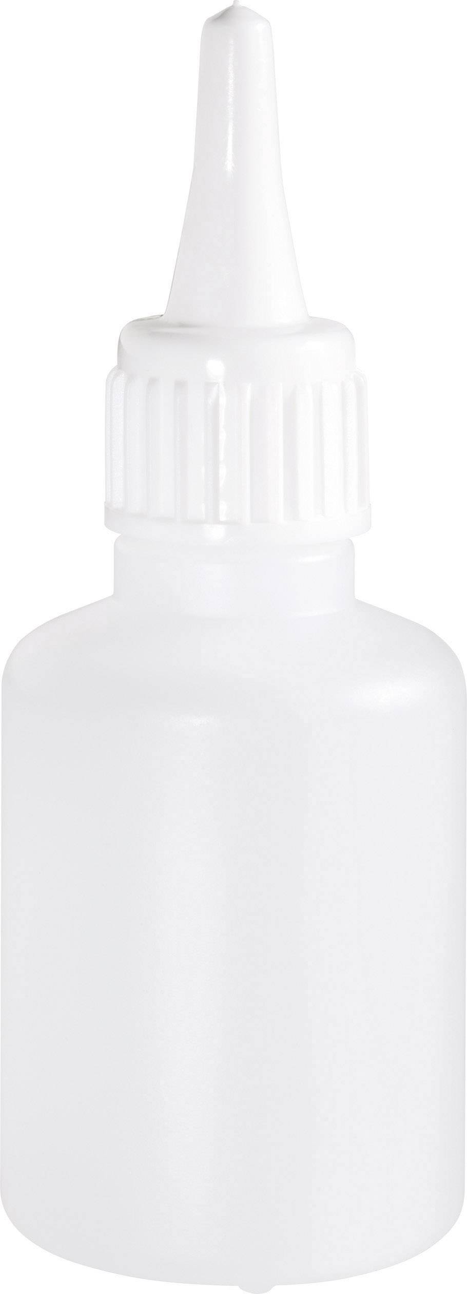 Eine weiße Kunststoffflasche mit langem, schmalem Ausguss, geeignet zum präzisen Dosieren von Flüssigkeiten.