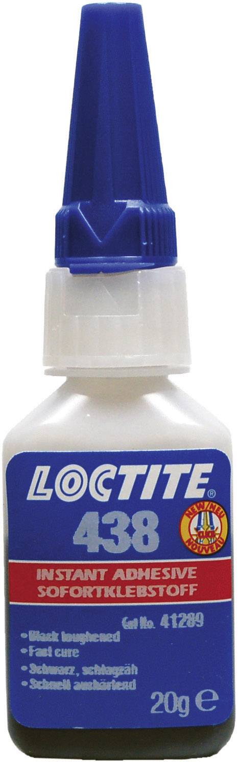 Eine Flasche mit Loctite 438 Sofortklebstoff. Das weiße Etikett mit blauer und roter Schrift zeigt Produktinformationen und Gewicht (20g).