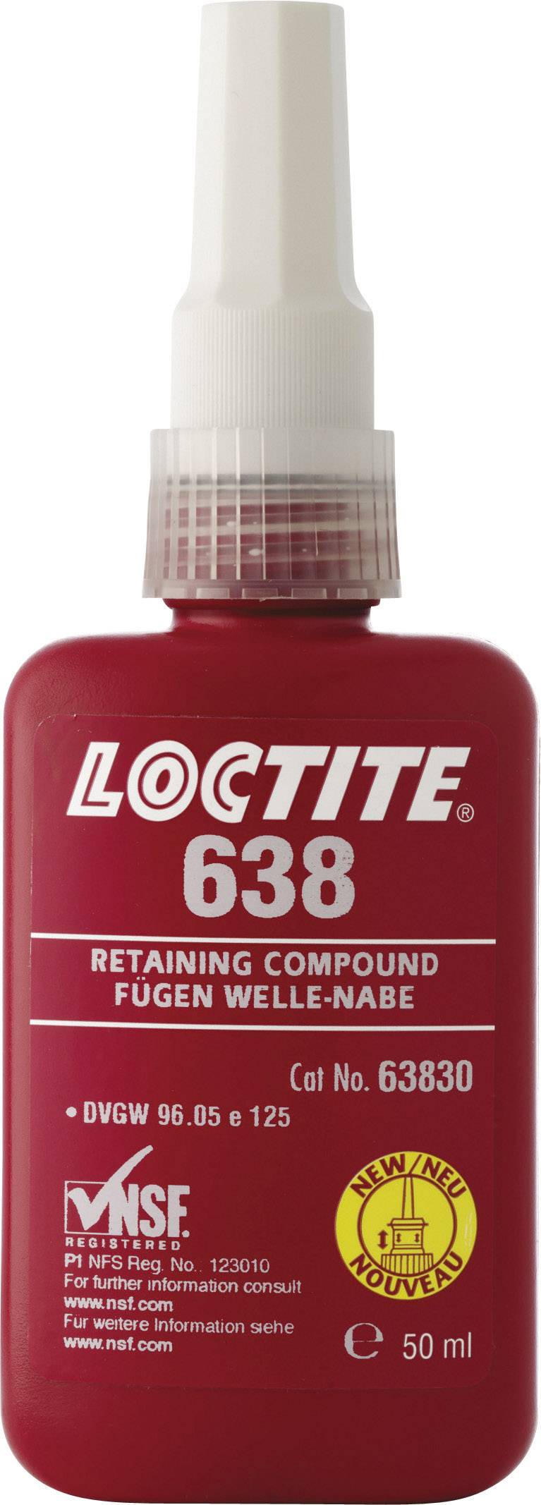 Rote Flasche mit der Aufschrift 'Loctite 638 Retaining Compound'. Verwendet zur Fixierung von Bauteilen. Inhalt: 50 ml.