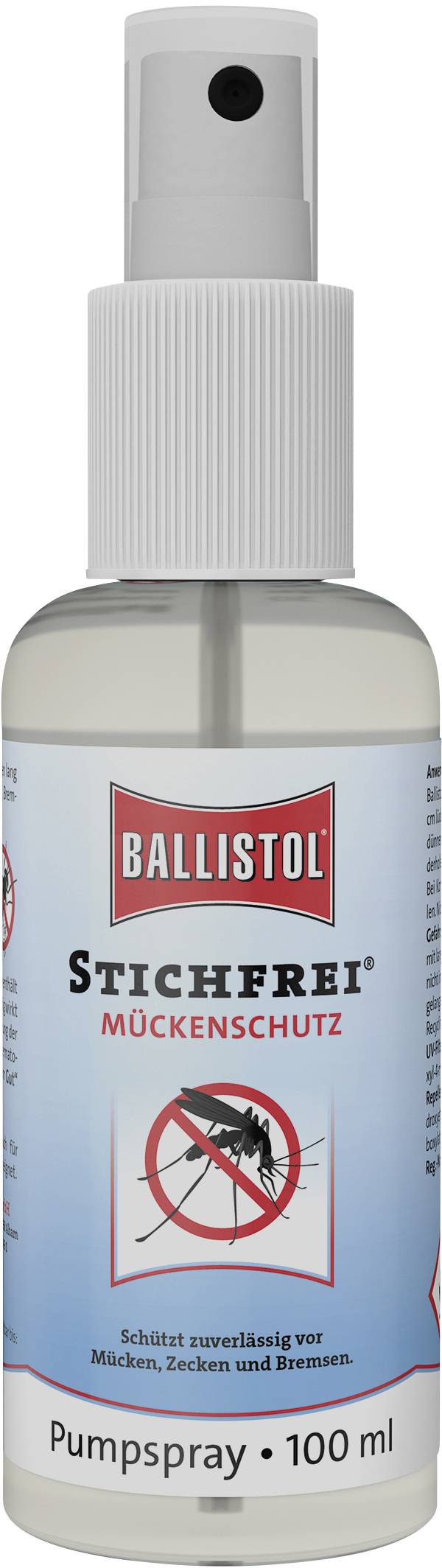 Flasche mit Insektenschutzspray 'Ballistol Stichfrei' 100 ml, schützt vor Mücken, Zecken und Bremsen.