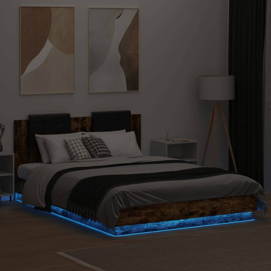 vidaXL Bettgestell mit Kopfteil & LED-Leuchten Räuchereiche 120x200 cm